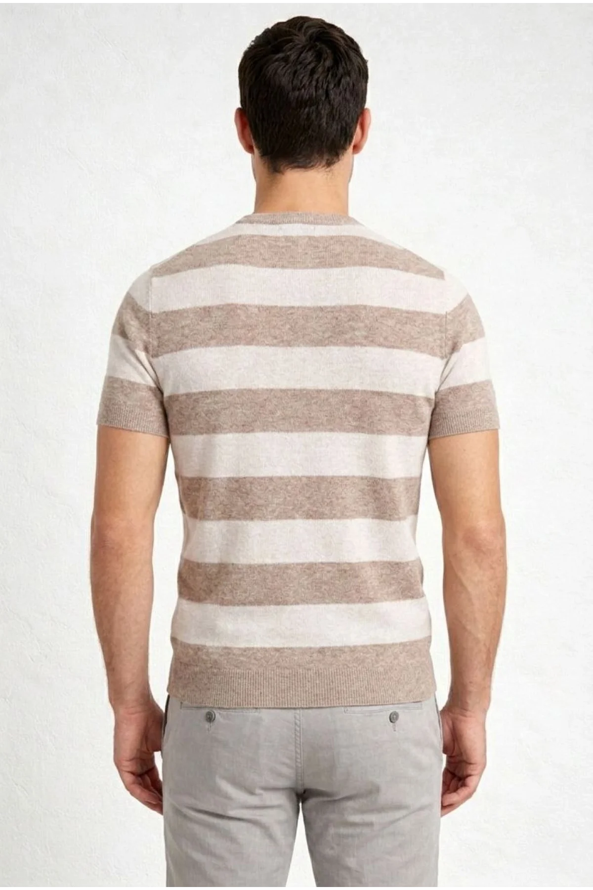 Erkek T-shirt Çizgili Triko Dokuma Bisiklet Yaka Tişört - Bej