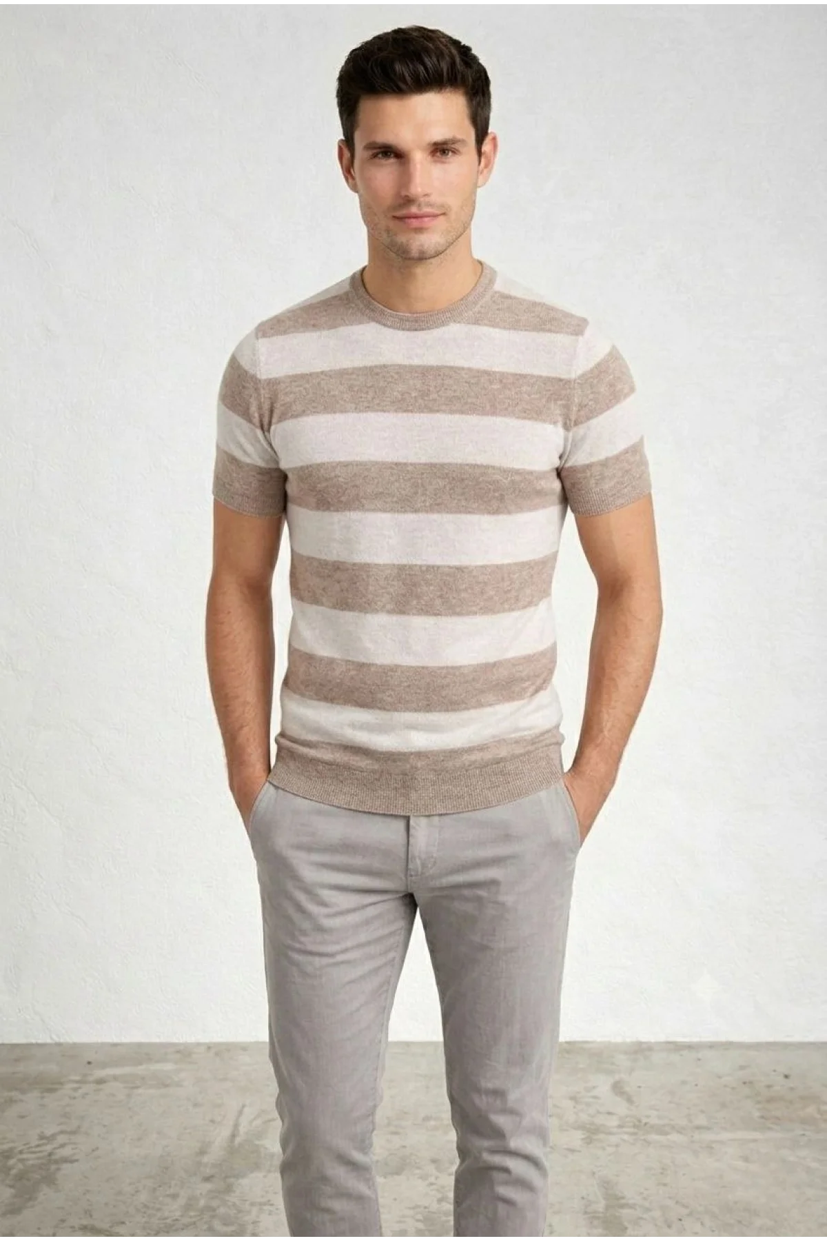Erkek T-shirt Çizgili Triko Dokuma Bisiklet Yaka Tişört - Bej