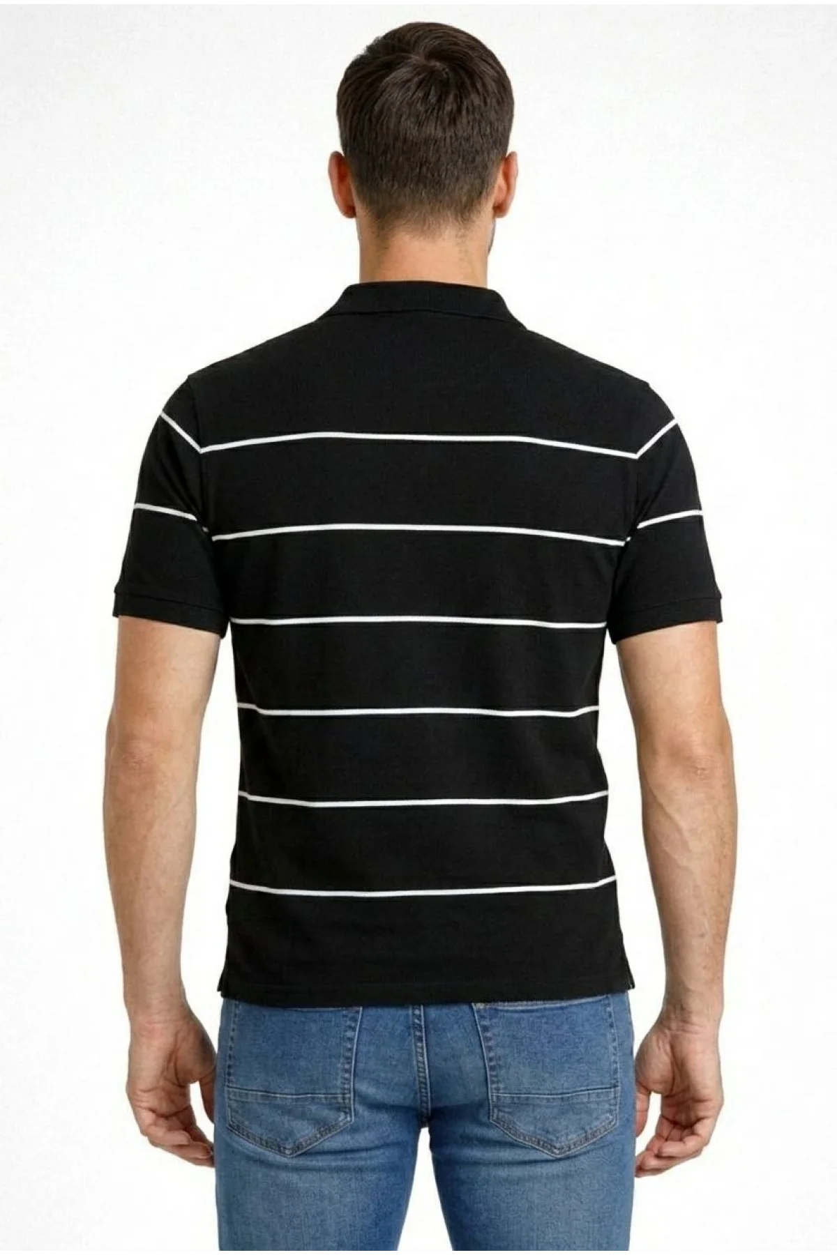 Erkek T-shirt Çizgili Triko Dokuma Kumaş Polo Yaka Yarım Fermuarlı Regular Kalıp Tişört - Siyah