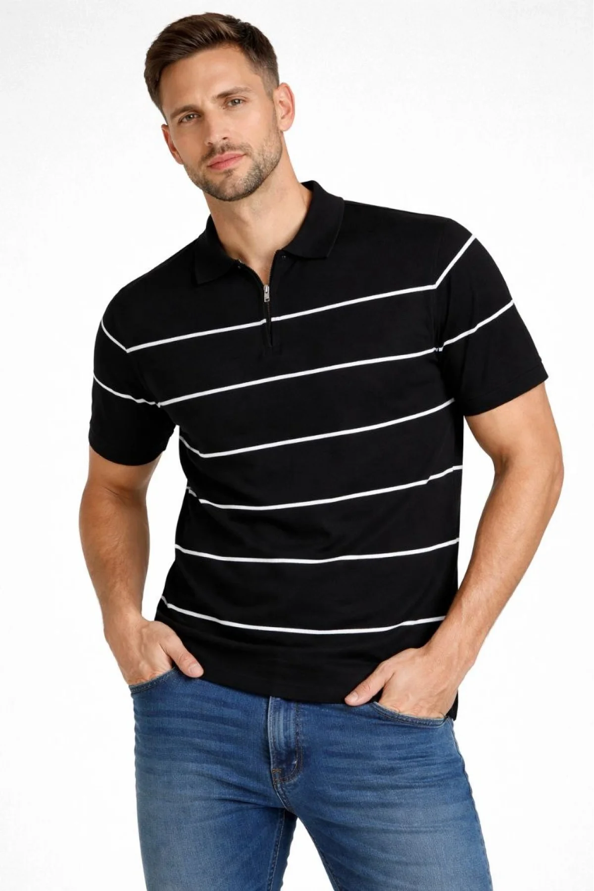 Erkek T-shirt Çizgili Triko Dokuma Kumaş Polo Yaka Yarım Fermuarlı Regular Kalıp Tişört - Siyah