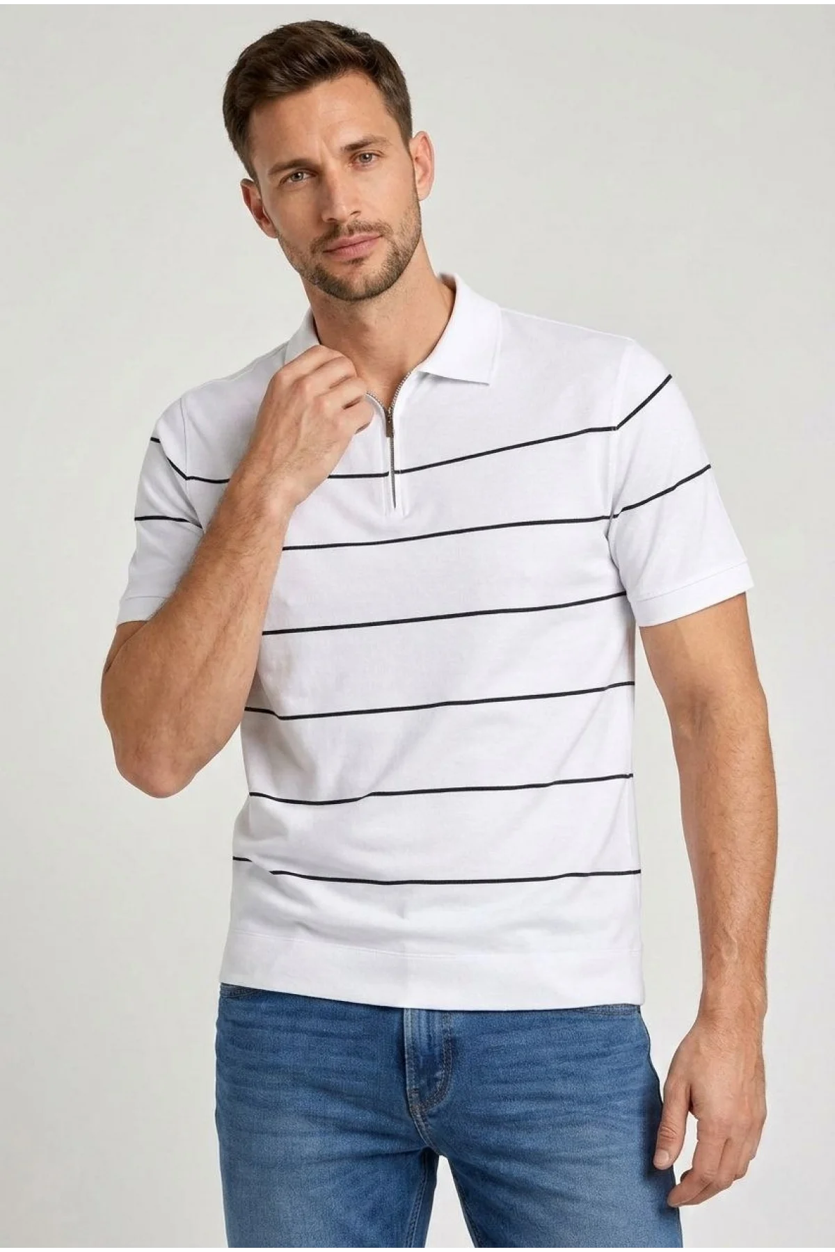 Erkek T-shirt Çizgili Triko Dokuma Kumaş Polo Yaka Yarım Fermuarlı Regular Kalıp Tişört - Beyaz