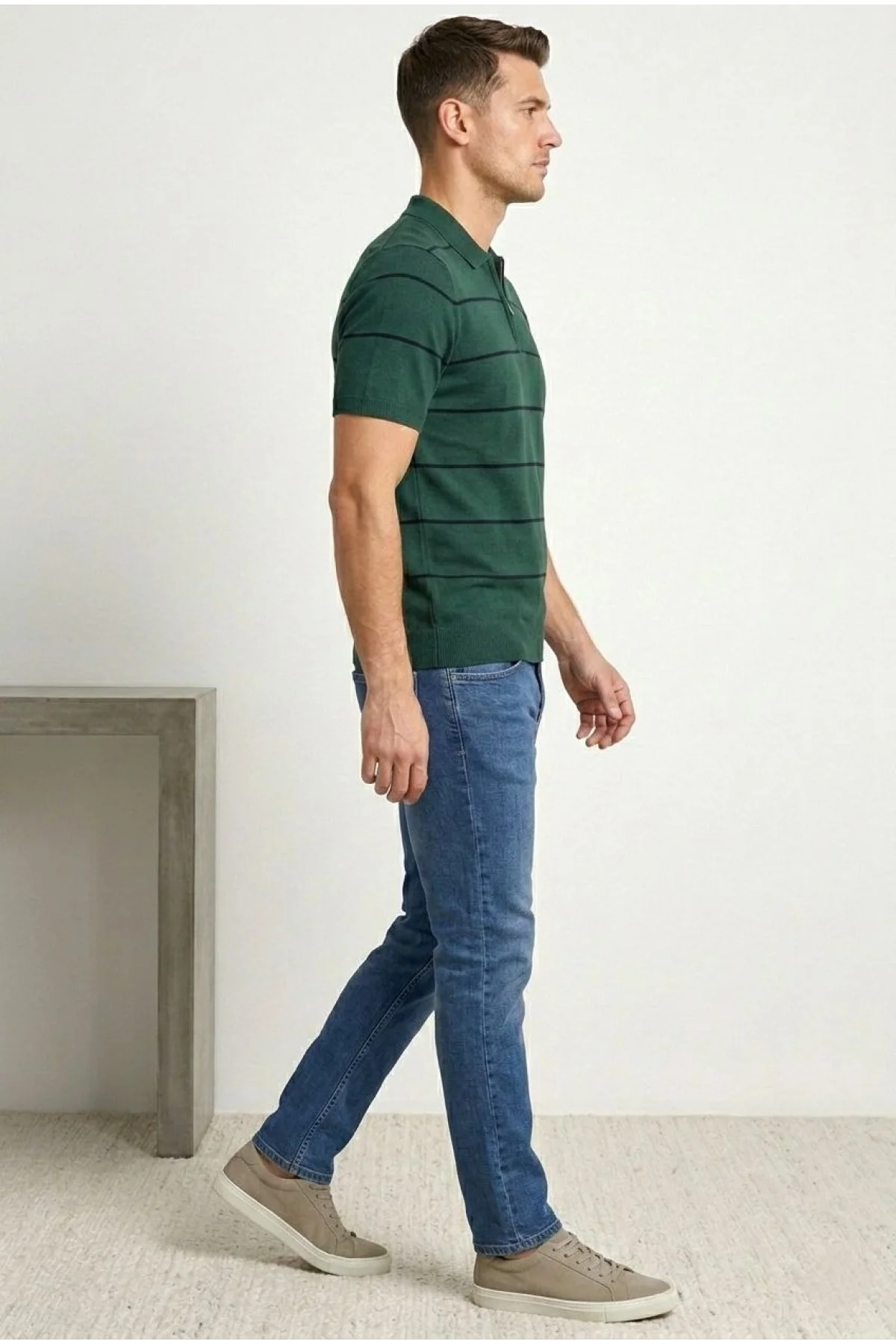 Erkek T-shirt Çizgili Triko Dokuma Kumaş Polo Yaka Yarım Fermuarlı Regular Kalıp Tişört - Çağla Yeşili