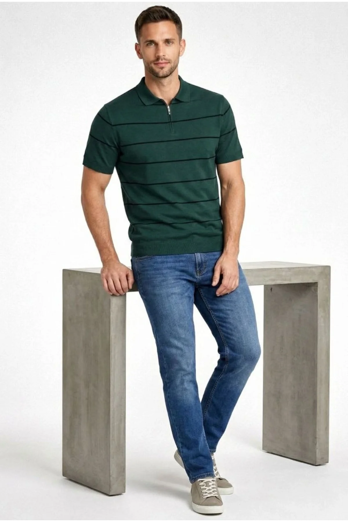 Erkek T-shirt Çizgili Triko Dokuma Kumaş Polo Yaka Yarım Fermuarlı Regular Kalıp Tişört - Çağla Yeşili