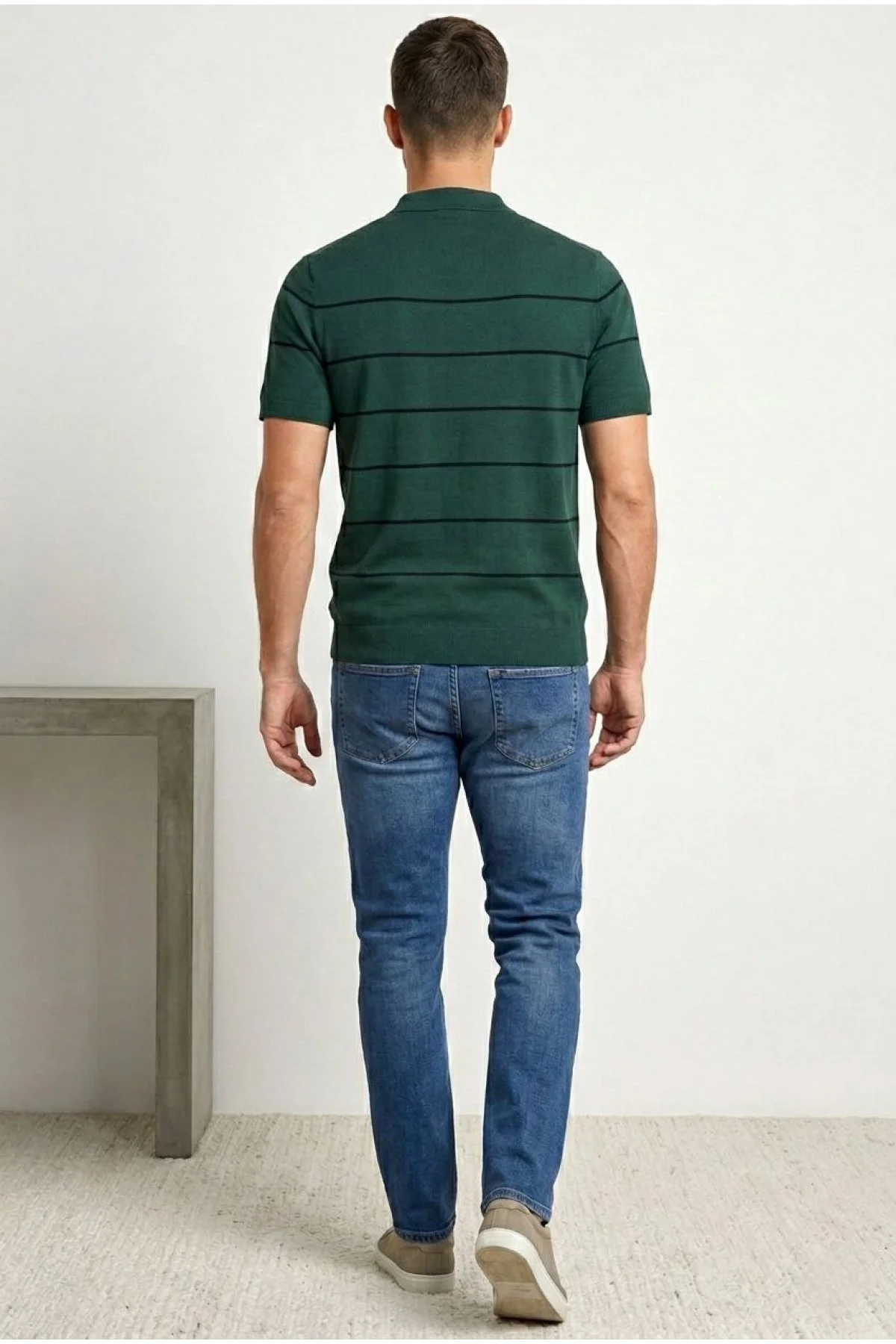 Erkek T-shirt Çizgili Triko Dokuma Kumaş Polo Yaka Yarım Fermuarlı Regular Kalıp Tişört - Çağla Yeşili