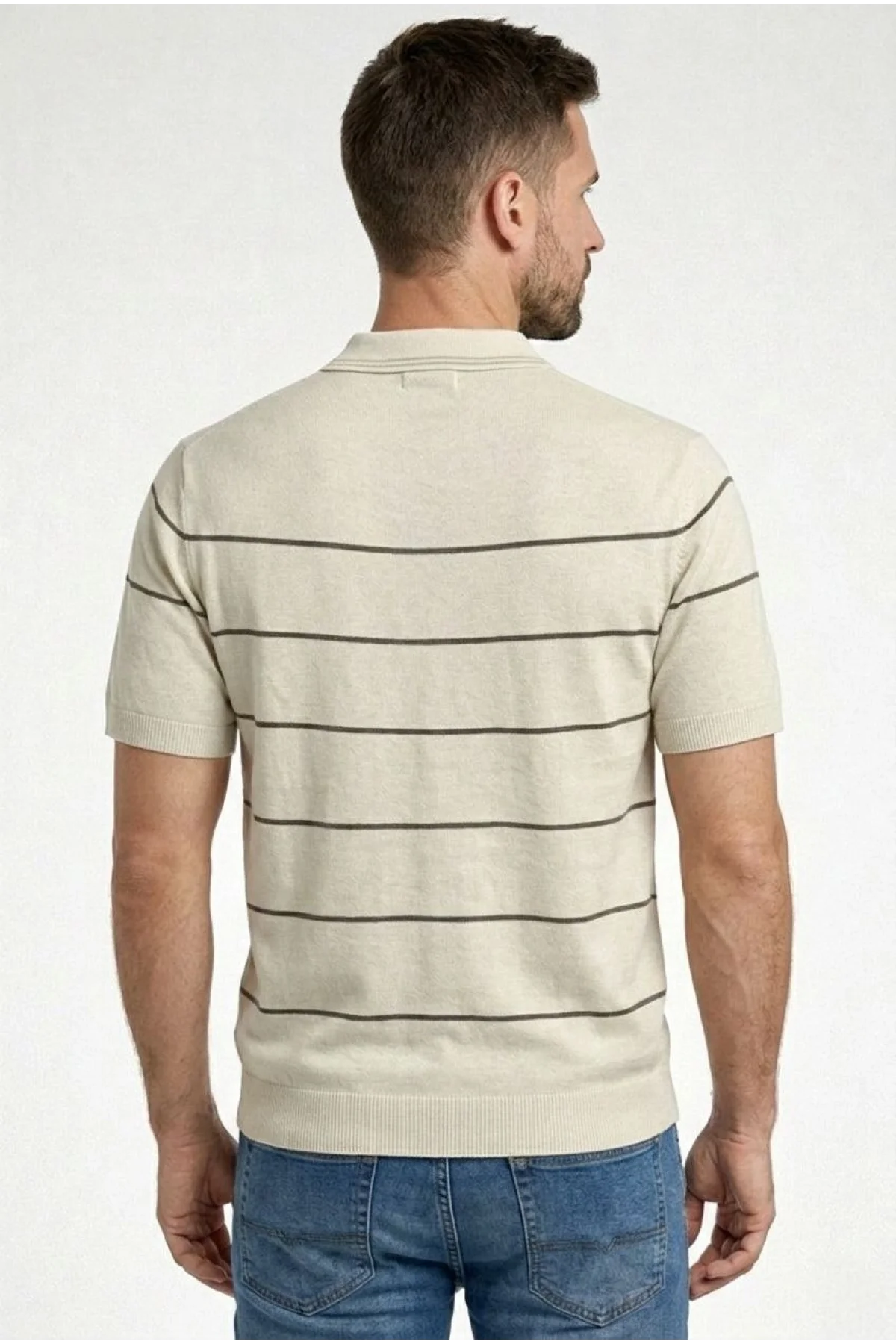 Erkek T-shirt Çizgili Triko Dokuma Kumaş Polo Yaka Yarım Fermuarlı Regular Kalıp Tişört - Bej