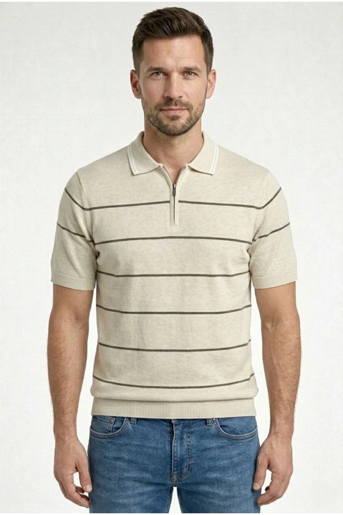 Erkek T-shirt Çizgili Triko Dokuma Kumaş Polo Yaka Yarım Fermuarlı Regular Kalıp Tişört - Bej