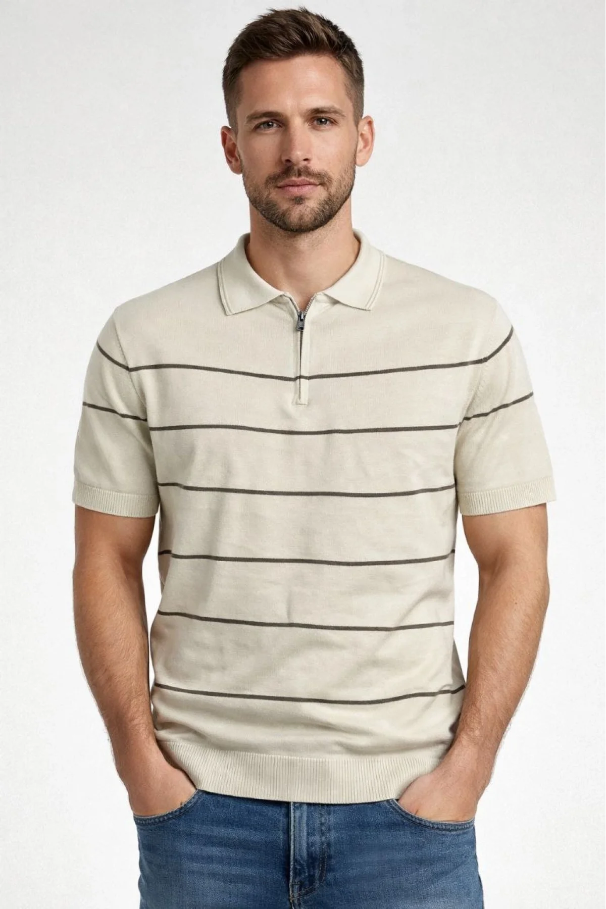 Erkek T-shirt Çizgili Triko Dokuma Kumaş Polo Yaka Yarım Fermuarlı Regular Kalıp Tişört - Bej