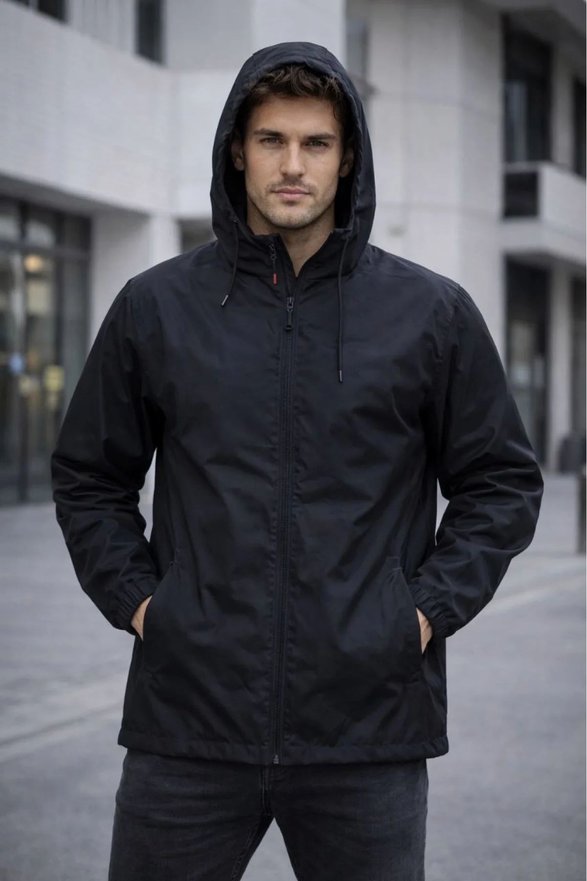 Erkek Kapüşonlu Su İtici Rüzgarlık Ceket Mevsimlik Hafif Mont - Siyah