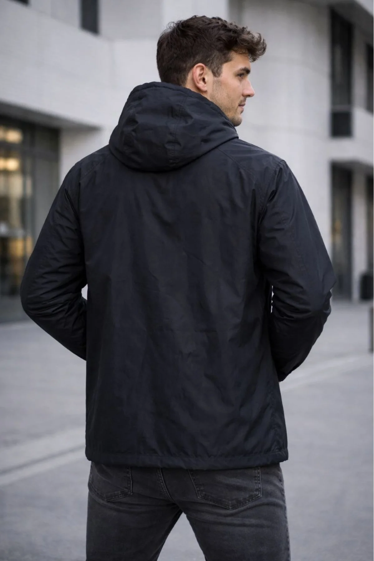 Erkek Kapüşonlu Su İtici Rüzgarlık Ceket Mevsimlik Hafif Mont - Siyah
