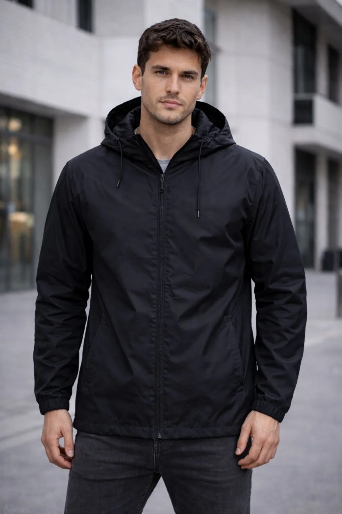 Erkek Kapüşonlu Su İtici Rüzgarlık Ceket Mevsimlik Hafif Mont - Siyah