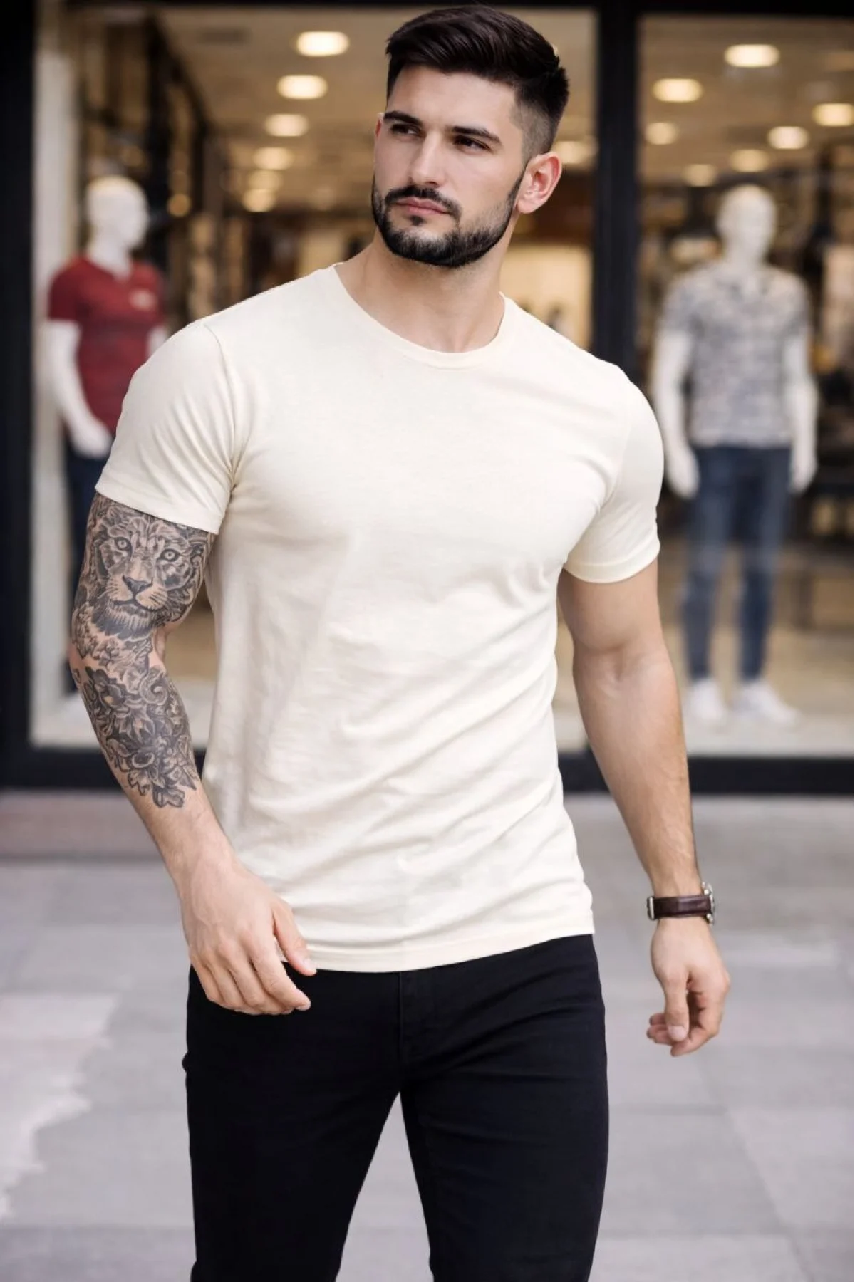 Erkek 2li Bisiklet Yaka Tişört – Kısa Kollu Yazlık Slim Fit Body - Siyah & Ekru