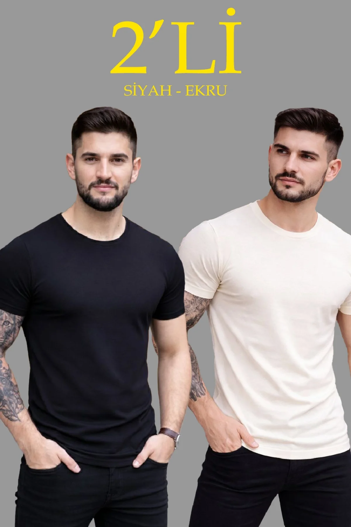 Erkek 2li Bisiklet Yaka Tişört – Kısa Kollu Yazlık Slim Fit Body - Siyah & Ekru