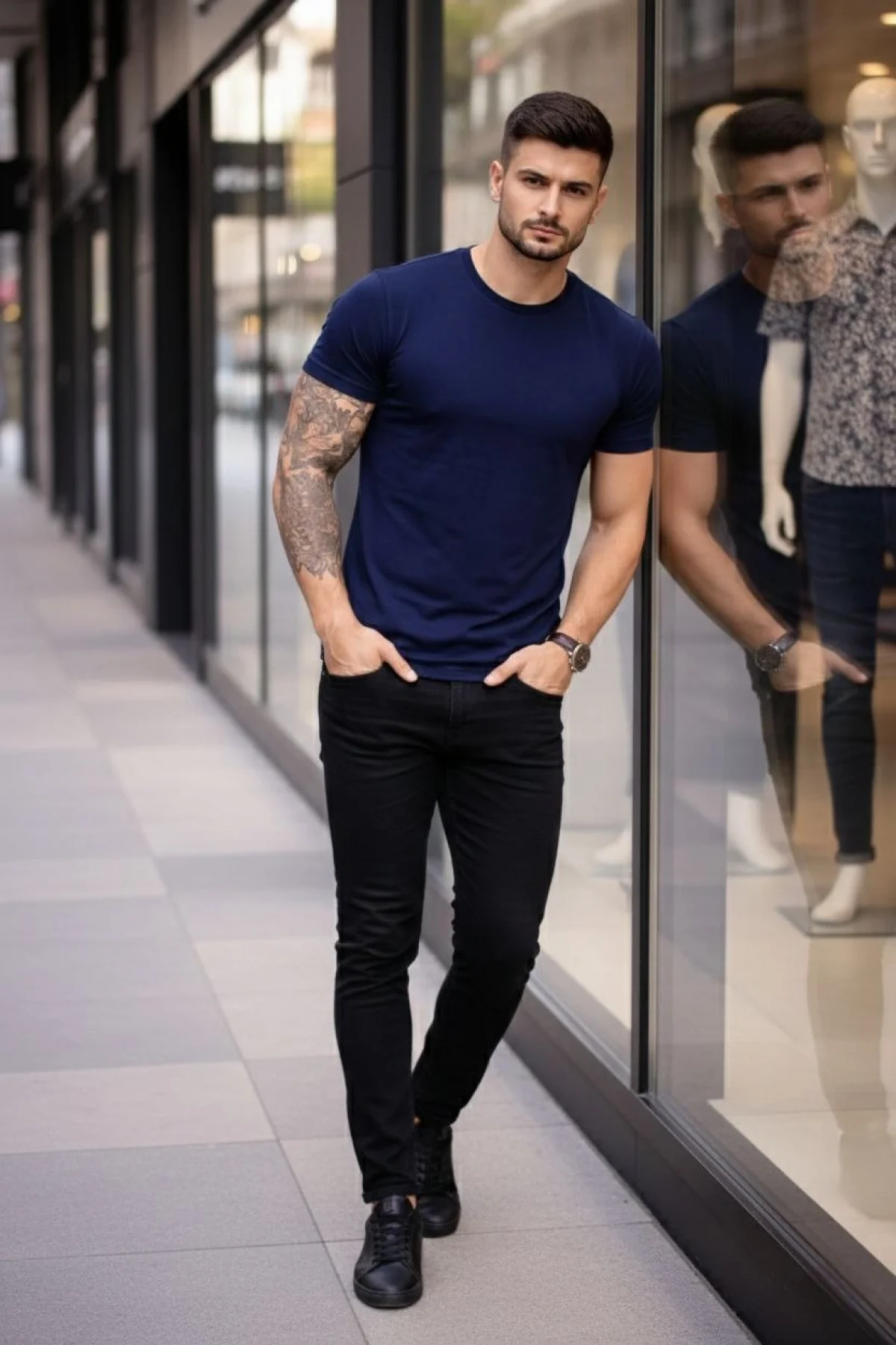 Erkek 2li Bisiklet Yaka Tişört – Kısa Kollu Yazlık Slim Fit Body - Siyah & Lacivert