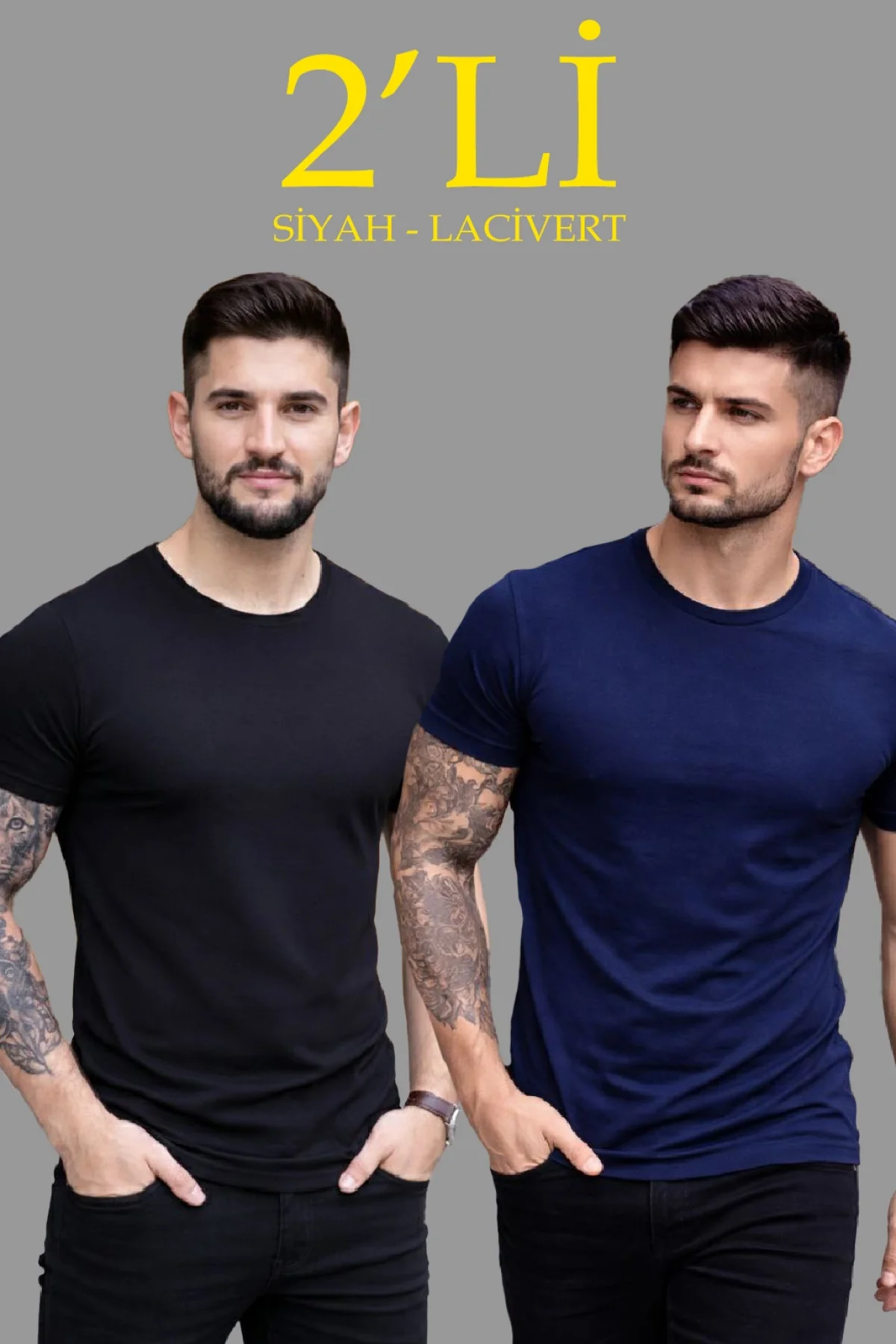 Erkek 2li Bisiklet Yaka Tişört – Kısa Kollu Yazlık Slim Fit Body - Siyah & Lacivert