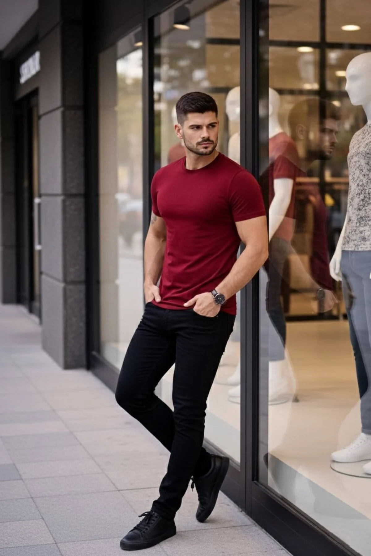 Erkek 2li Bisiklet Yaka Tişört – Kısa Kollu Yazlık Slim Fit Body - Siyah & Bordo