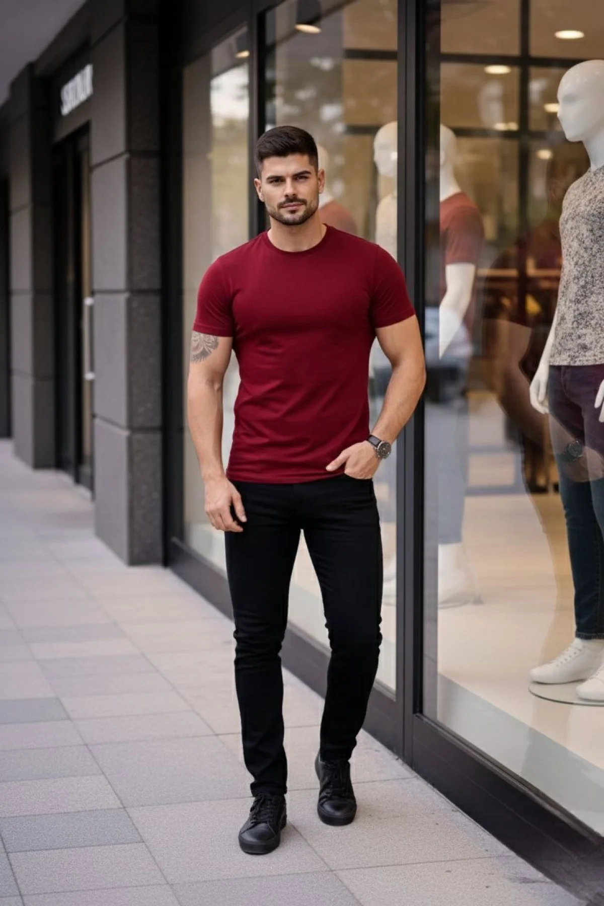 Erkek 2li Bisiklet Yaka Tişört – Kısa Kollu Yazlık Slim Fit Body - Siyah & Bordo