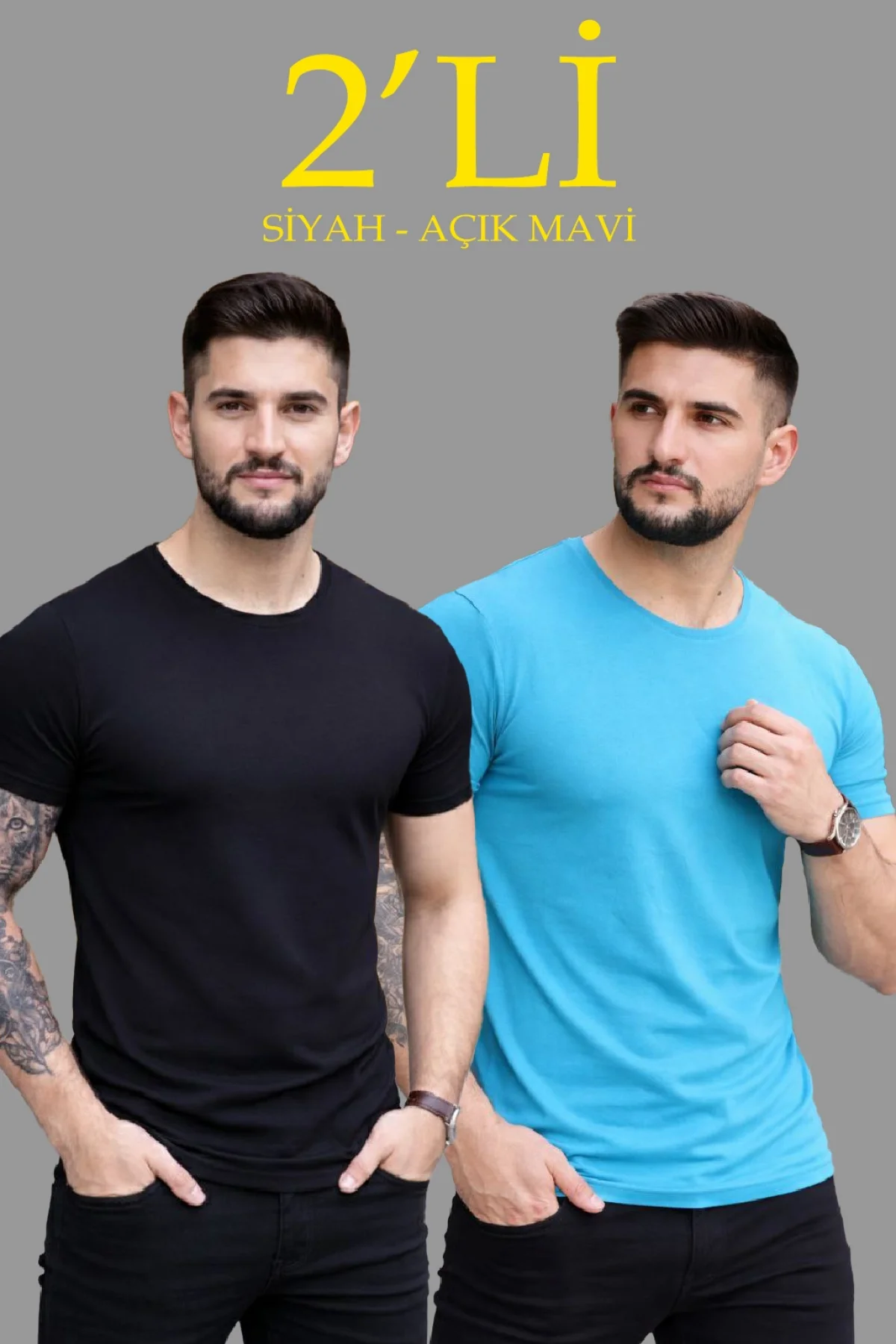 Erkek 2li Bisiklet Yaka Tişört – Kısa Kollu Yazlık Slim Fit Body - Siyah & Açık Mavi