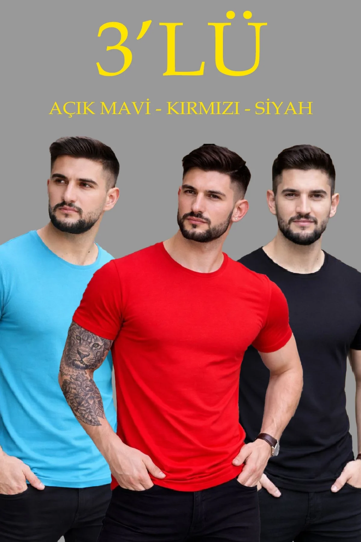 Erkek 3lü Bisiklet Yaka Tişört – Kısa Kollu Yazlık Slim Fit Body - Siyah, Kırmızı, Açık Mavi