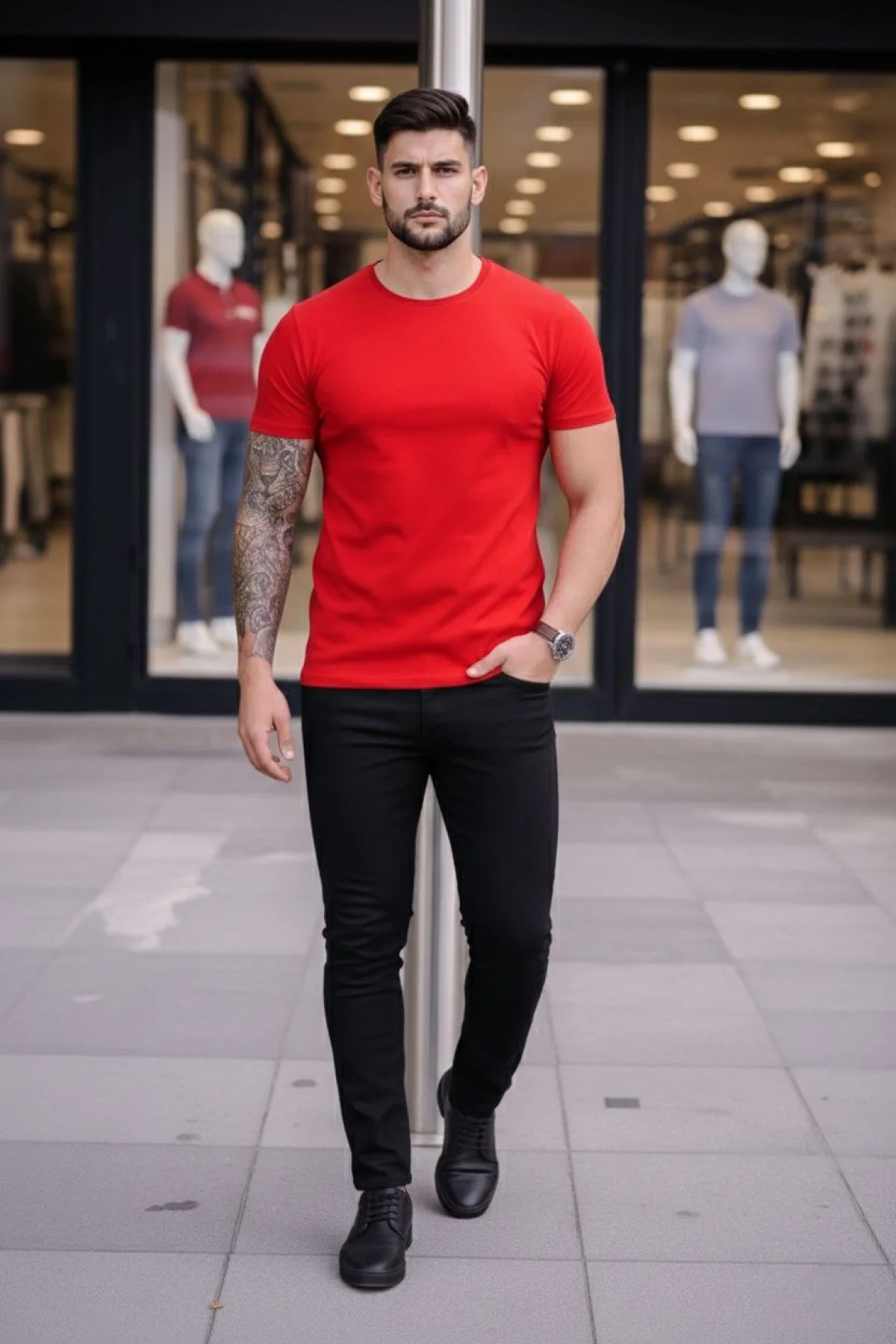 Erkek 3lü Bisiklet Yaka Tişört – Kısa Kollu Yazlık Slim Fit Body - Siyah, Kırmızı, Açık Mavi