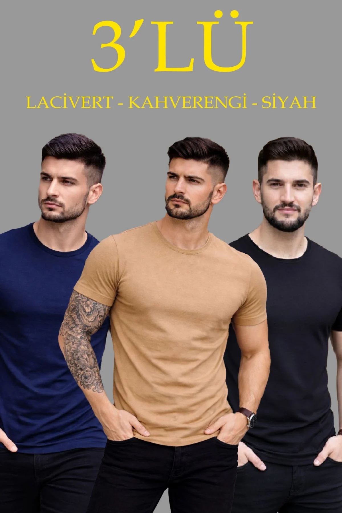 Erkek 3lü Bisiklet Yaka Tişört – Kısa Kollu Yazlık Slim Fit Body - Siyah, Lacivert, Kahverengi