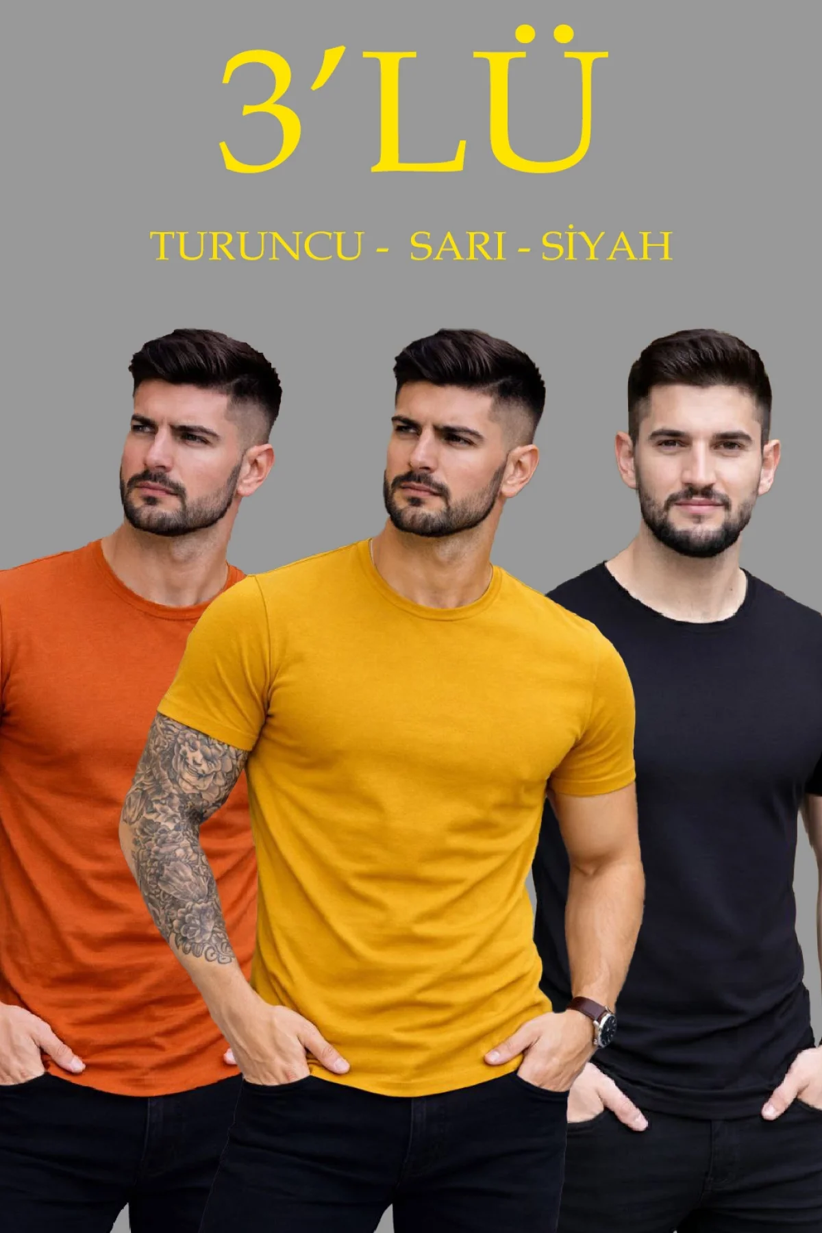 Erkek 3lü Bisiklet Yaka Tişört – Kısa Kollu Yazlık Slim Fit Body - Siyah, Turuncu, Sarı