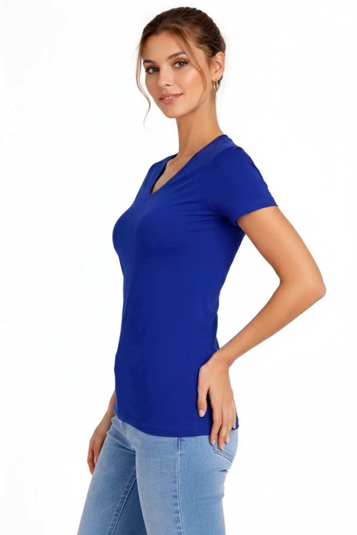 Kadın 2li V Yaka Tişört – Kısa Kollu Yazlık Slim Fit Body - Saks Mavisi & Ekru