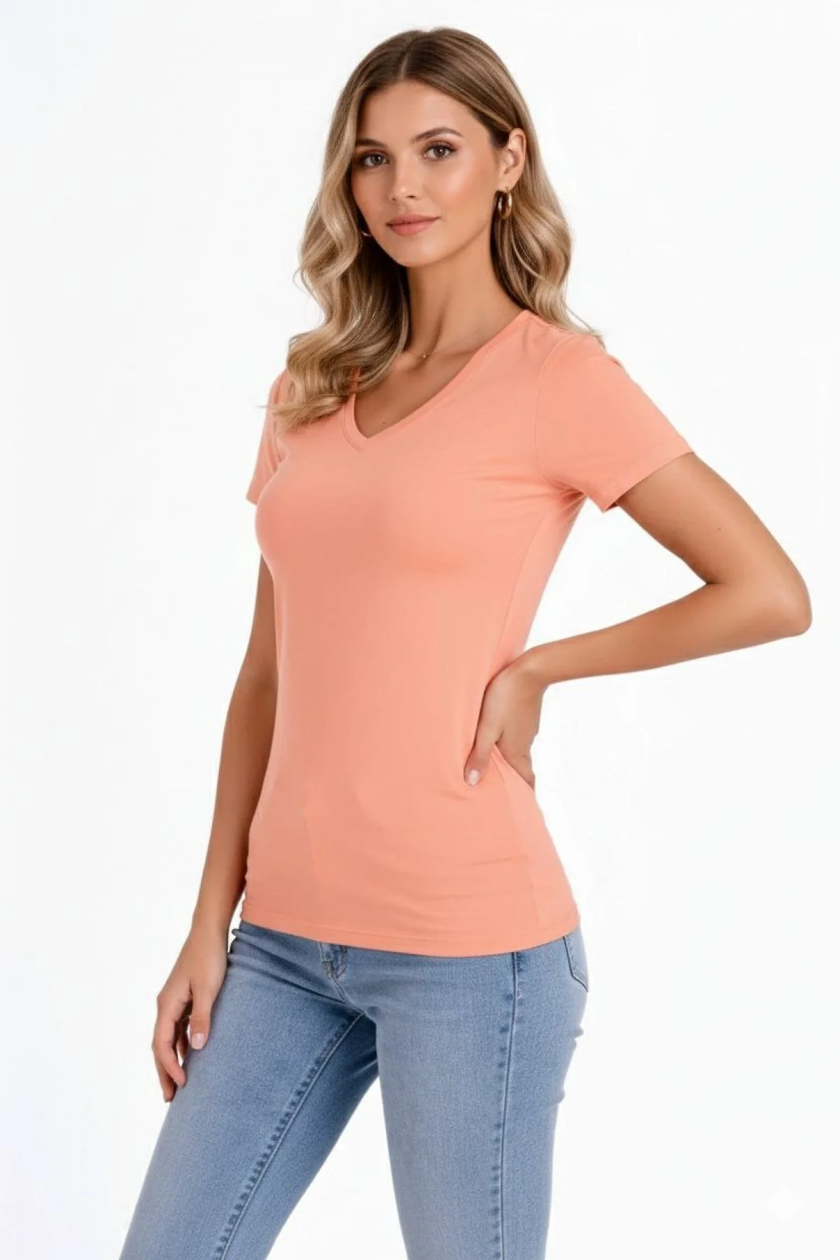 Kadın 2li V Yaka Tişört – Kısa Kollu Yazlık Slim Fit Body - Toz Pembe & Mor
