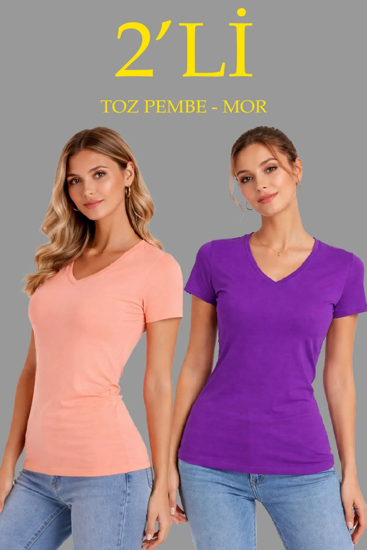 Kadın 2li V Yaka Tişört – Kısa Kollu Yazlık Slim Fit Body - Toz Pembe & Mor