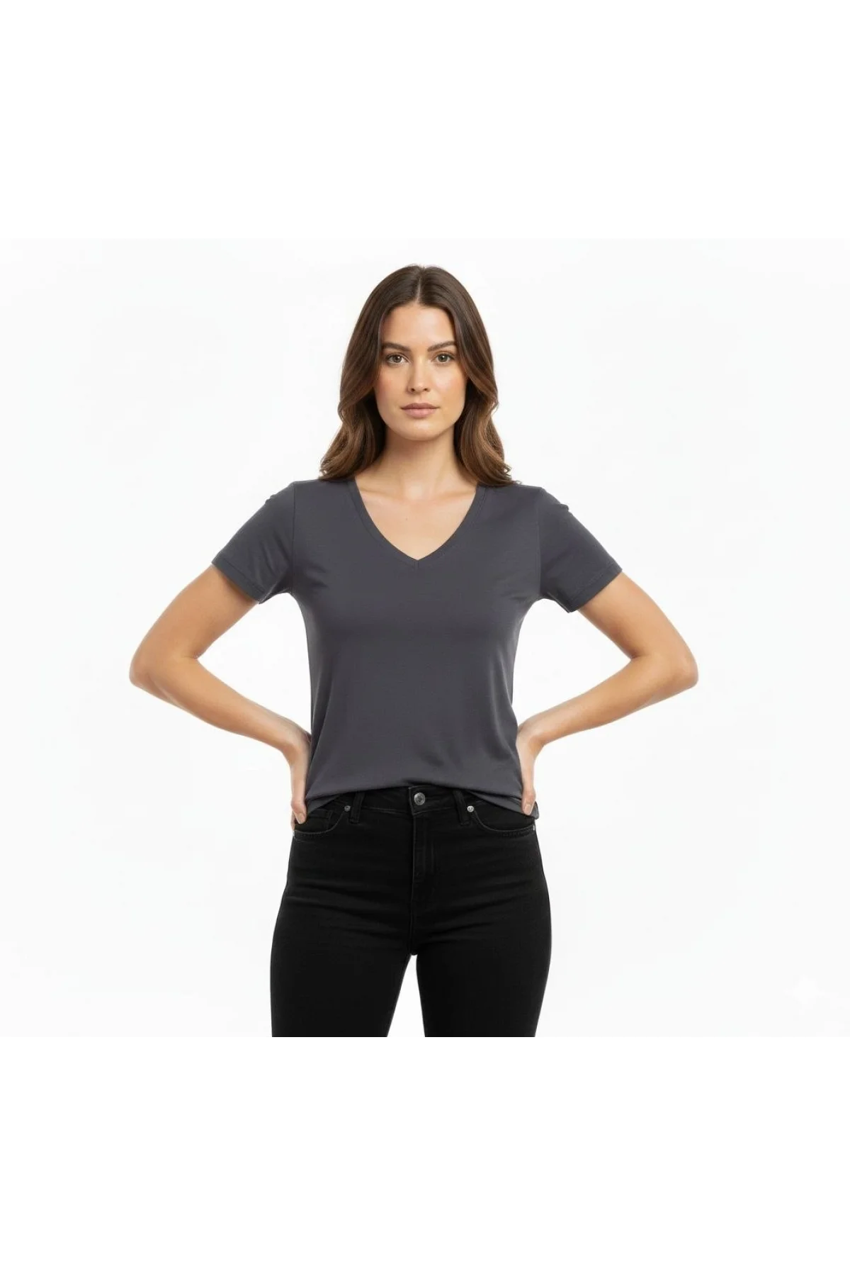 Kadın 2li V Yaka Tişört – Kısa Kollu Yazlık Slim Fit Body - Bordo & Füme