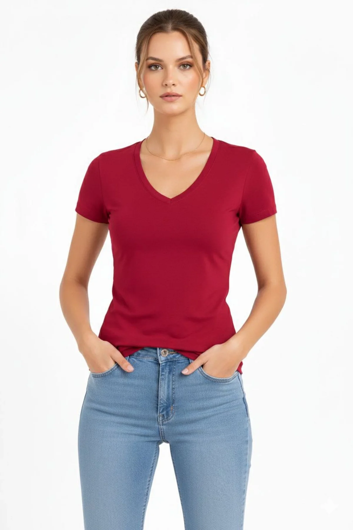 Kadın 2li V Yaka Tişört – Kısa Kollu Yazlık Slim Fit Body - Bordo & Füme