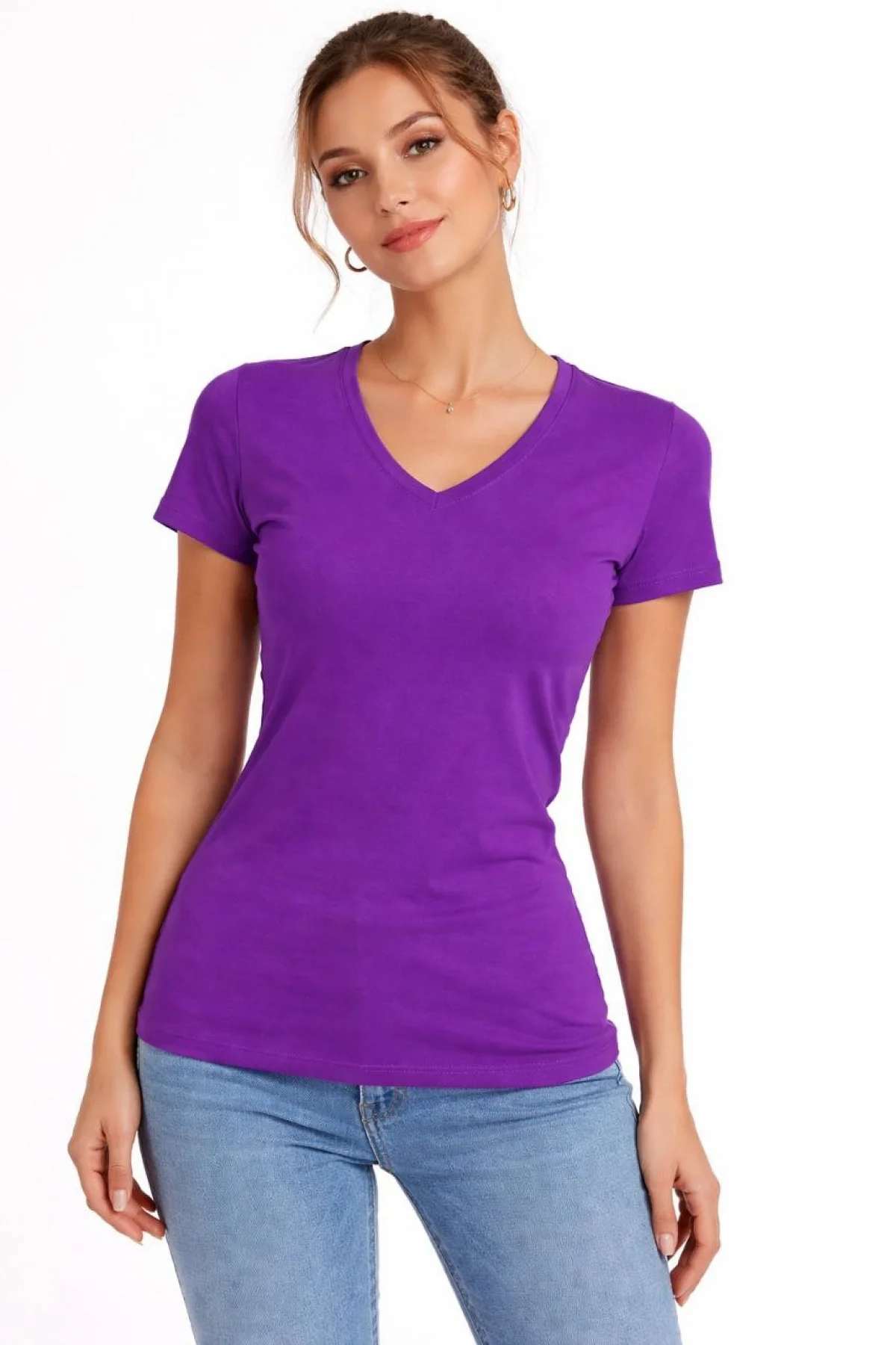 Kadın 3lü V Yaka Tişört – Kısa Kollu Yazlık Slim Fit Body - Bordo, Mor, Füme