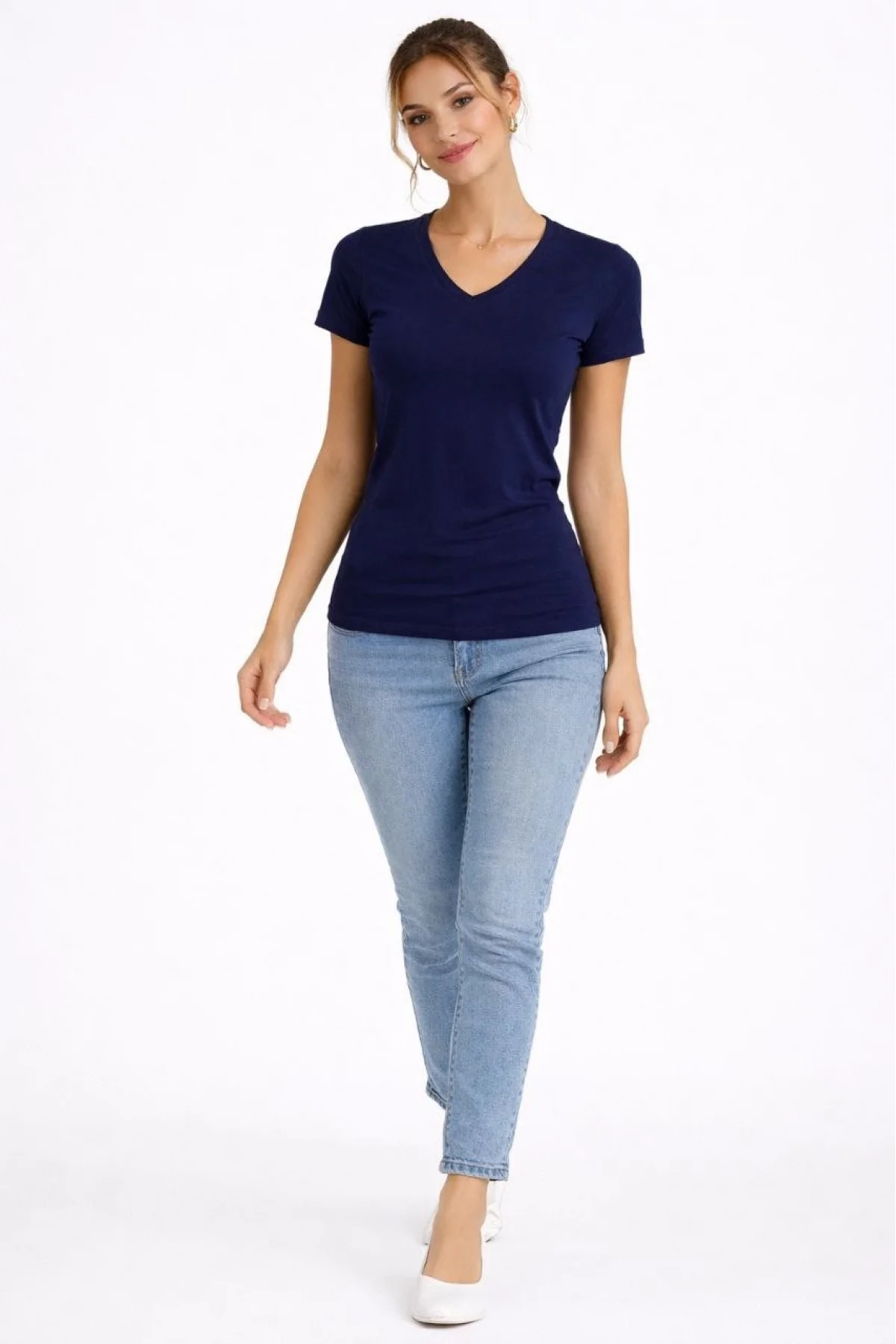 Kadın 3lü V Yaka Tişört – Kısa Kollu Yazlık Slim Fit Body - Toz Pembe, Lacivert, Hardal