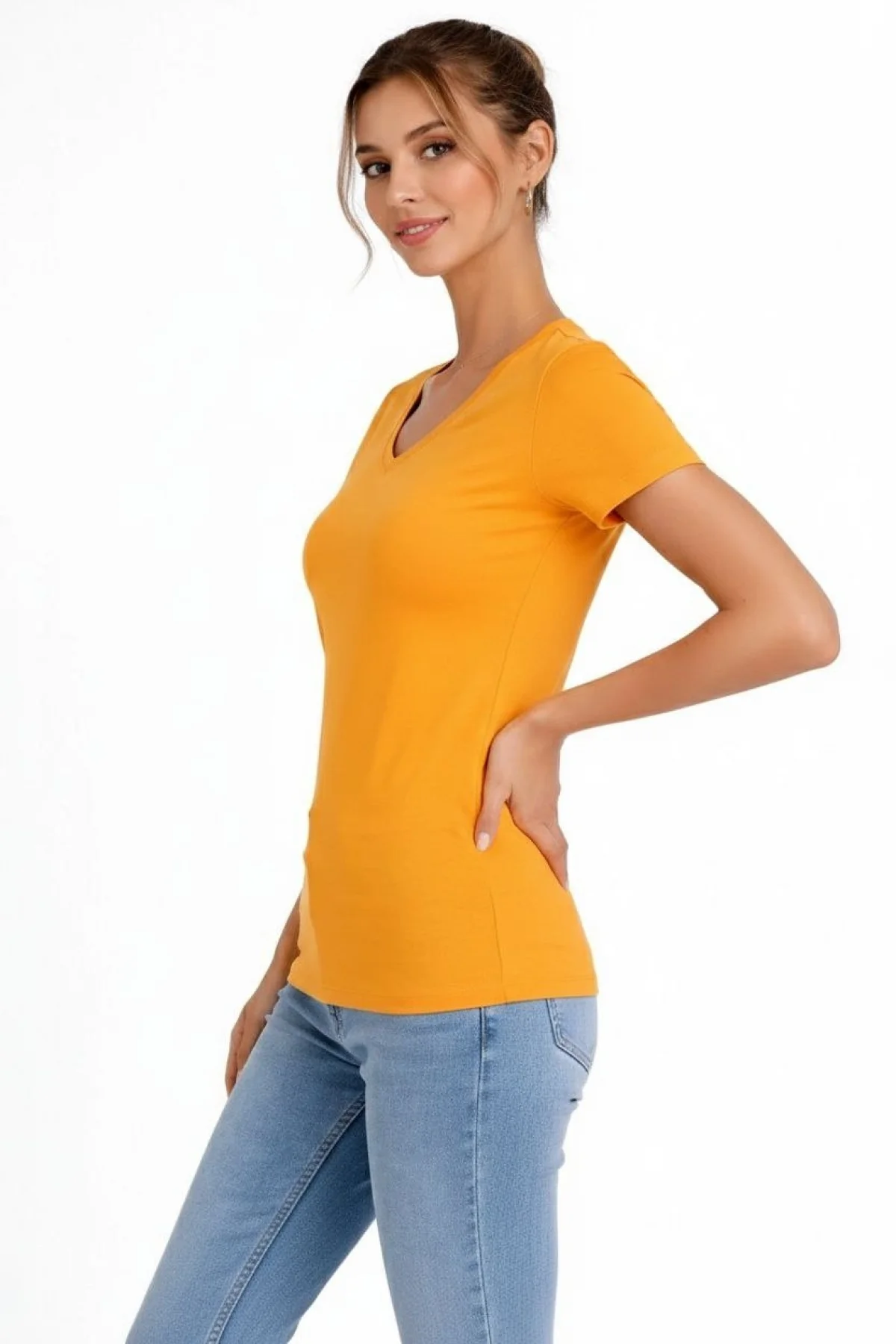 Kadın 3lü V Yaka Tişört – Kısa Kollu Yazlık Slim Fit Body - Toz Pembe, Lacivert, Hardal