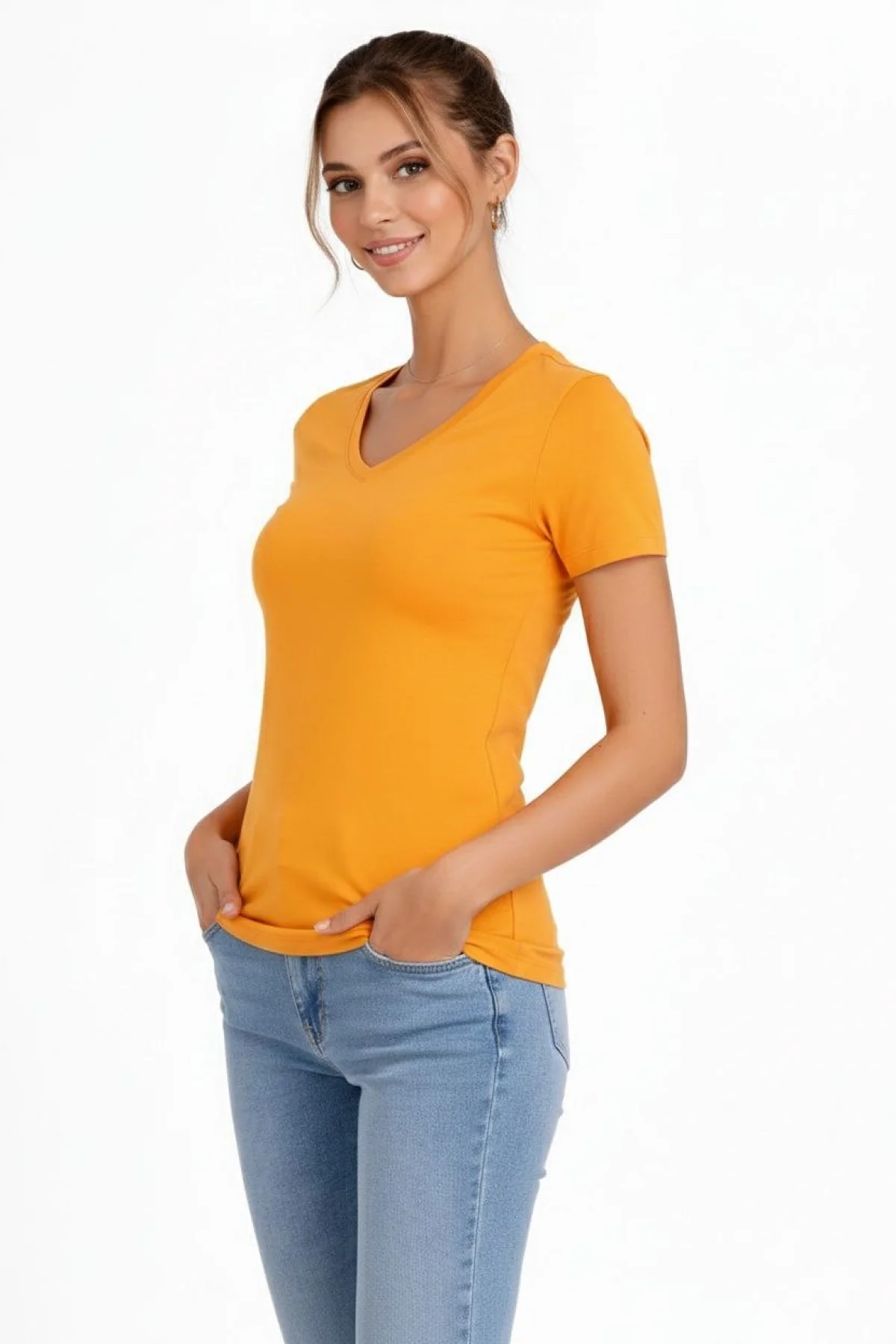 Kadın 3lü V Yaka Tişört – Kısa Kollu Yazlık Slim Fit Body - Toz Pembe, Lacivert, Hardal