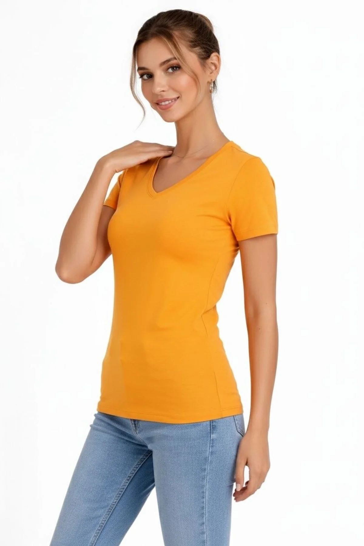 Kadın 3lü V Yaka Tişört – Kısa Kollu Yazlık Slim Fit Body - Toz Pembe, Lacivert, Hardal