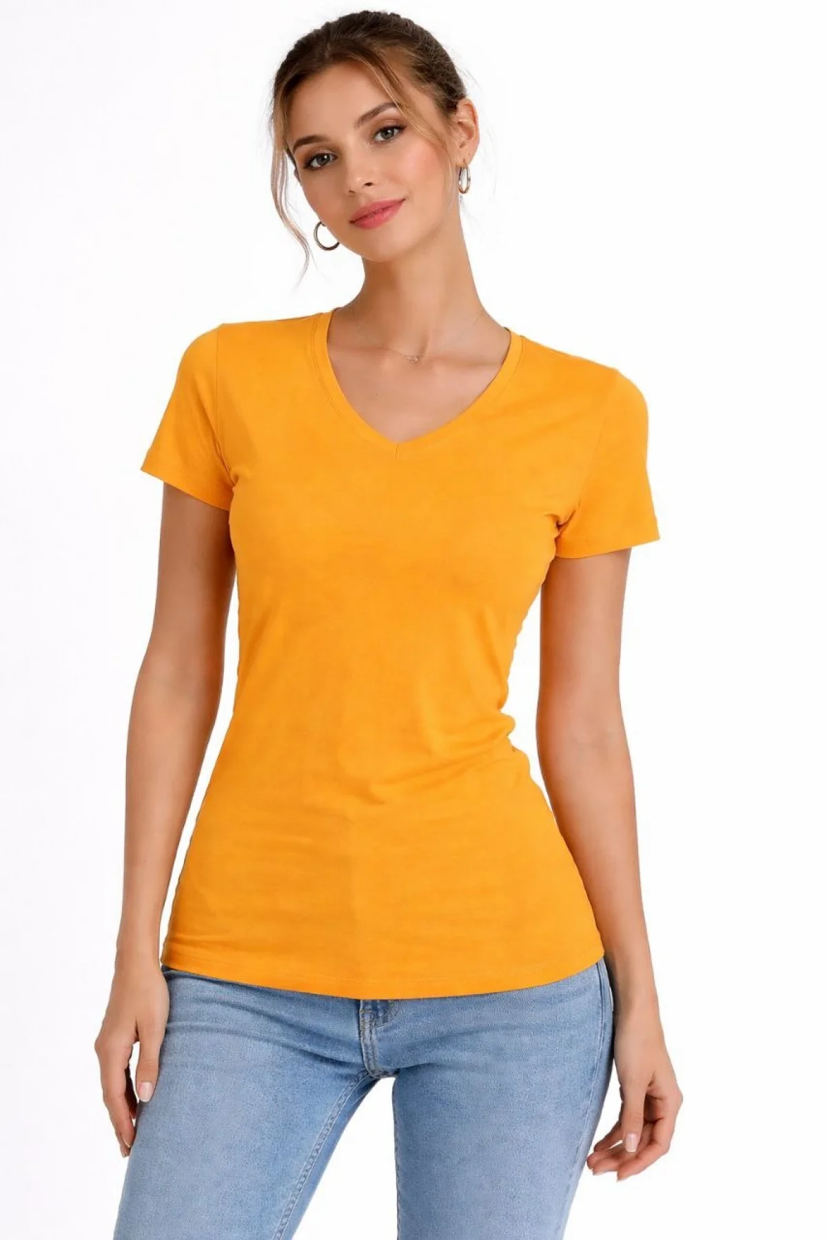 Kadın 3lü V Yaka Tişört – Kısa Kollu Yazlık Slim Fit Body - Toz Pembe, Lacivert, Hardal