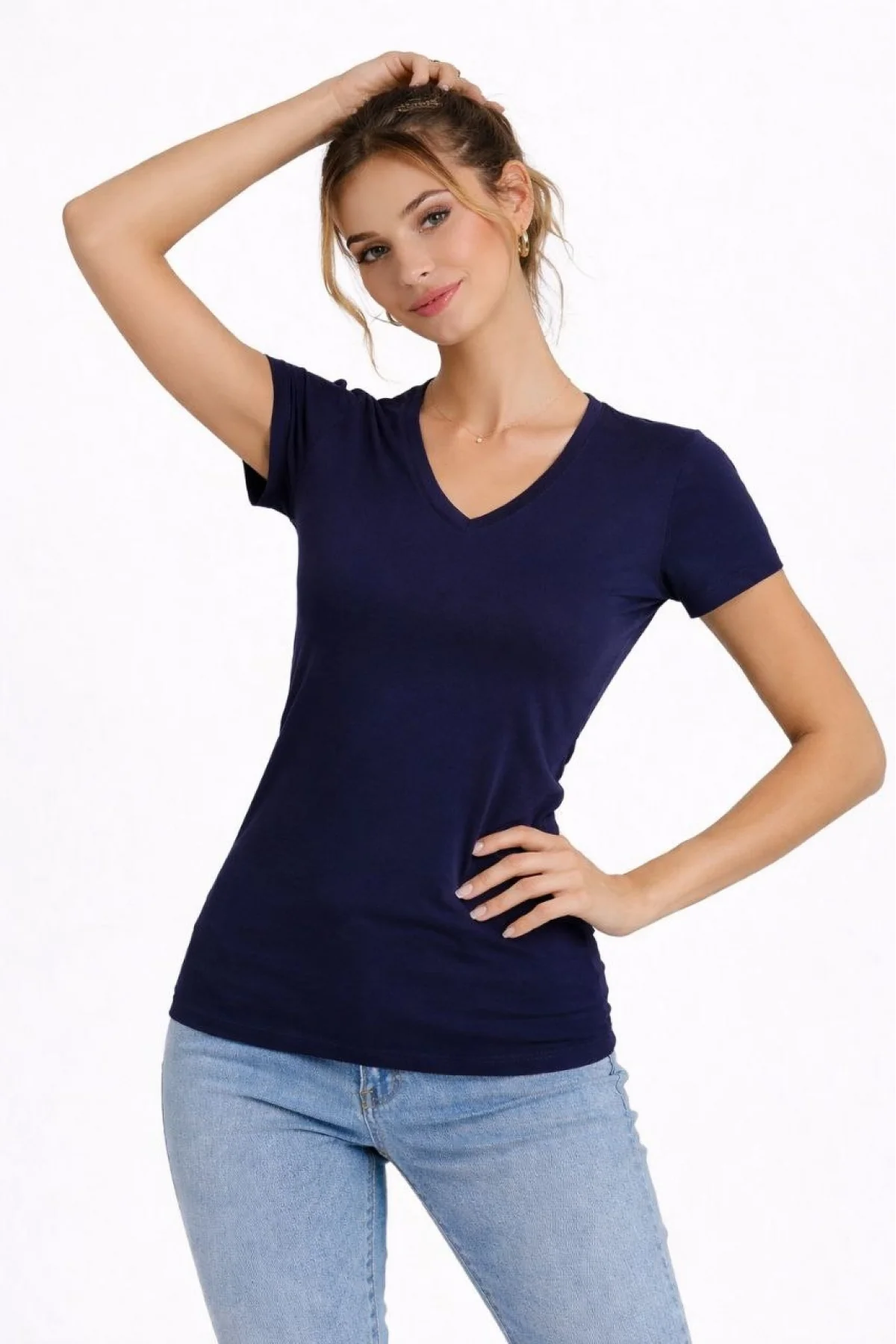 Kadın 3lü V Yaka Tişört – Kısa Kollu Yazlık Slim Fit Body - Toz Pembe, Lacivert, Hardal