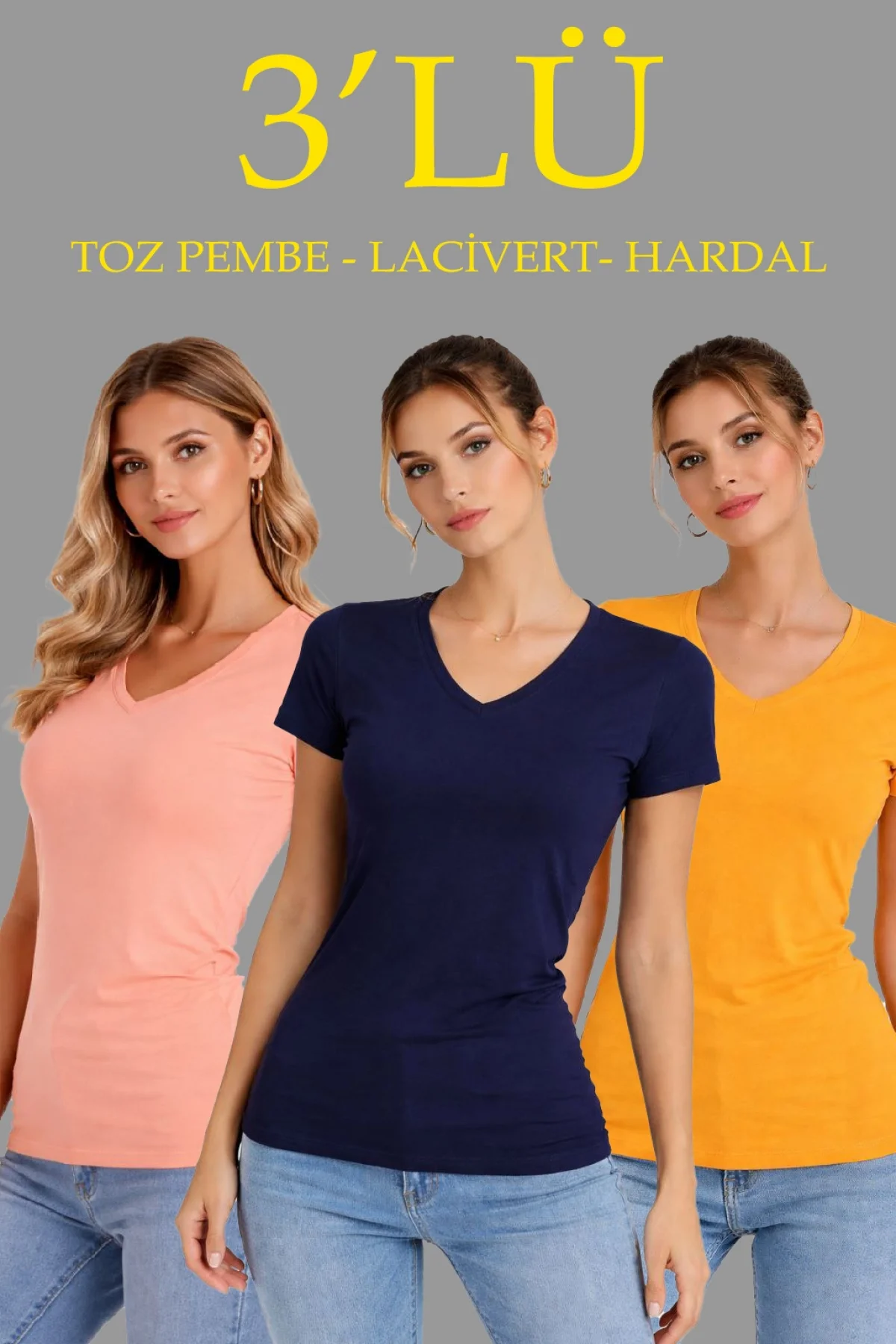 Kadın 3lü V Yaka Tişört – Kısa Kollu Yazlık Slim Fit Body - Toz Pembe, Lacivert, Hardal
