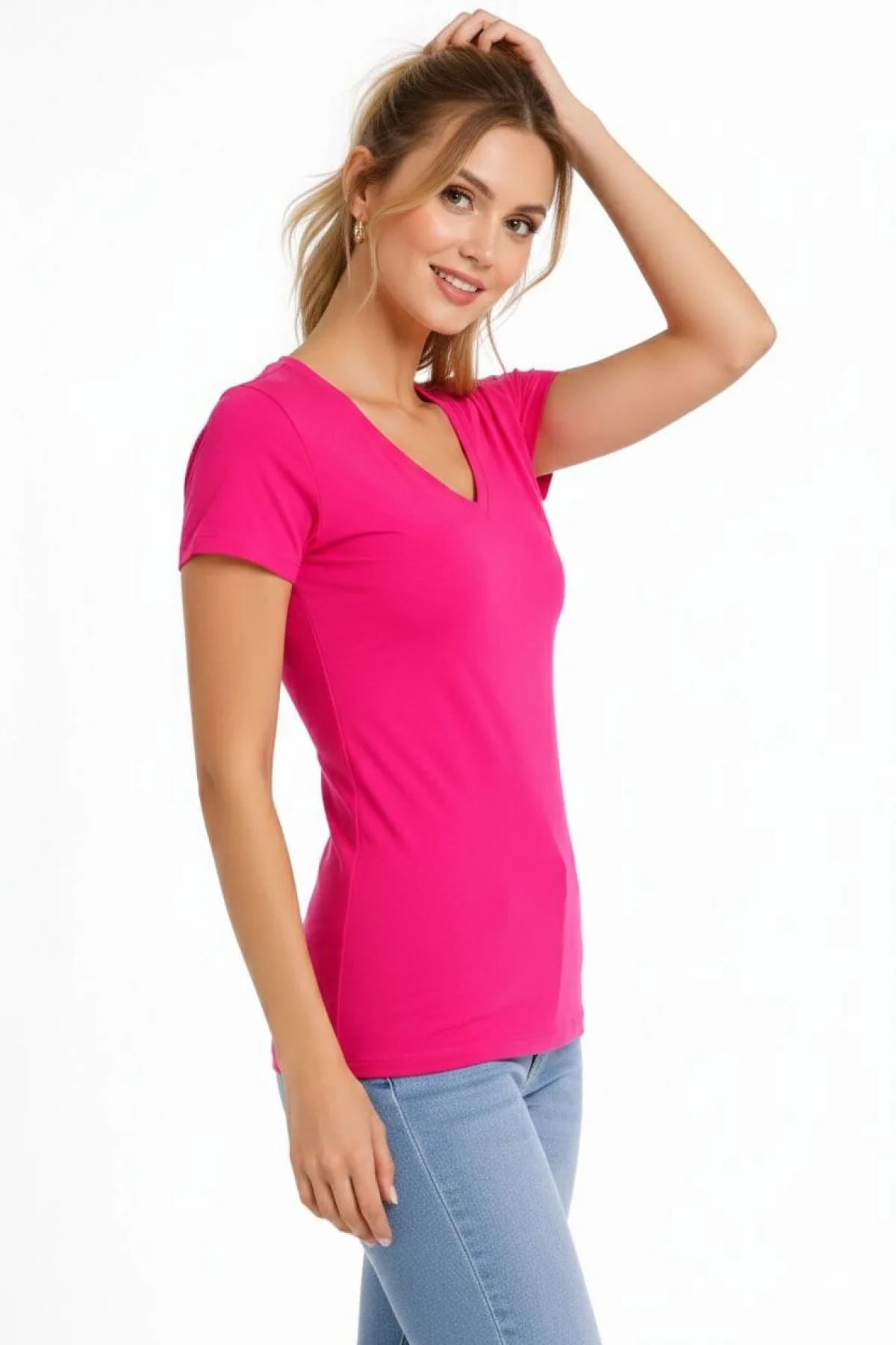 Kadın 3lü V Yaka Tişört – Kısa Kollu Yazlık Slim Fit Body - Pembe, Açık Mavi, Ekru