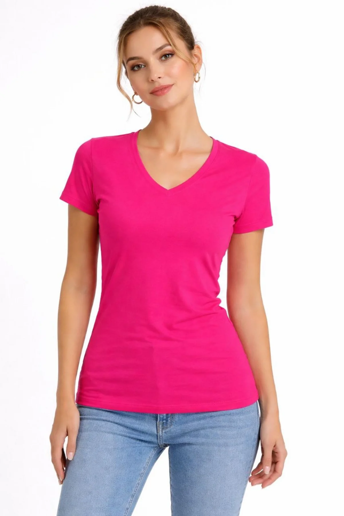 Kadın 3lü V Yaka Tişört – Kısa Kollu Yazlık Slim Fit Body - Pembe, Açık Mavi, Ekru