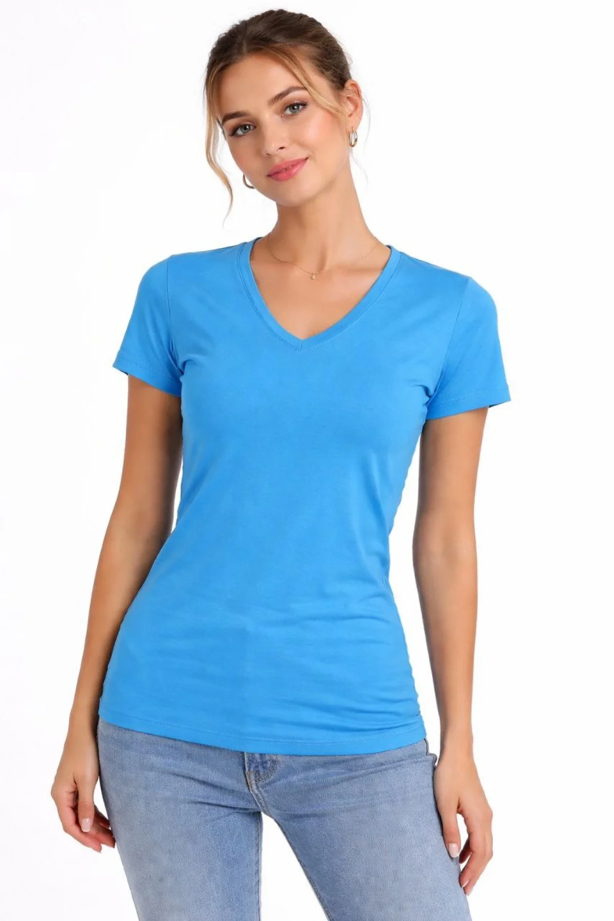 Kadın 3lü V Yaka Tişört – Kısa Kollu Yazlık Slim Fit Body - Pembe, Açık Mavi, Ekru