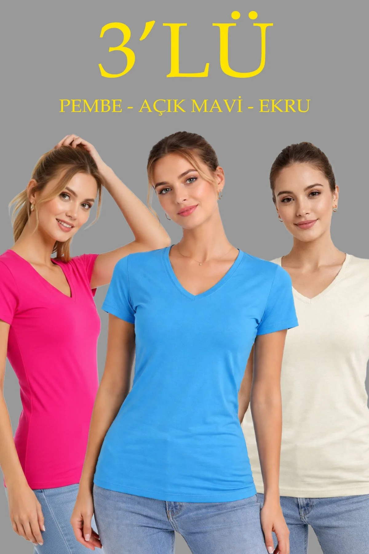 Kadın 3lü V Yaka Tişört – Kısa Kollu Yazlık Slim Fit Body - Pembe, Açık Mavi, Ekru