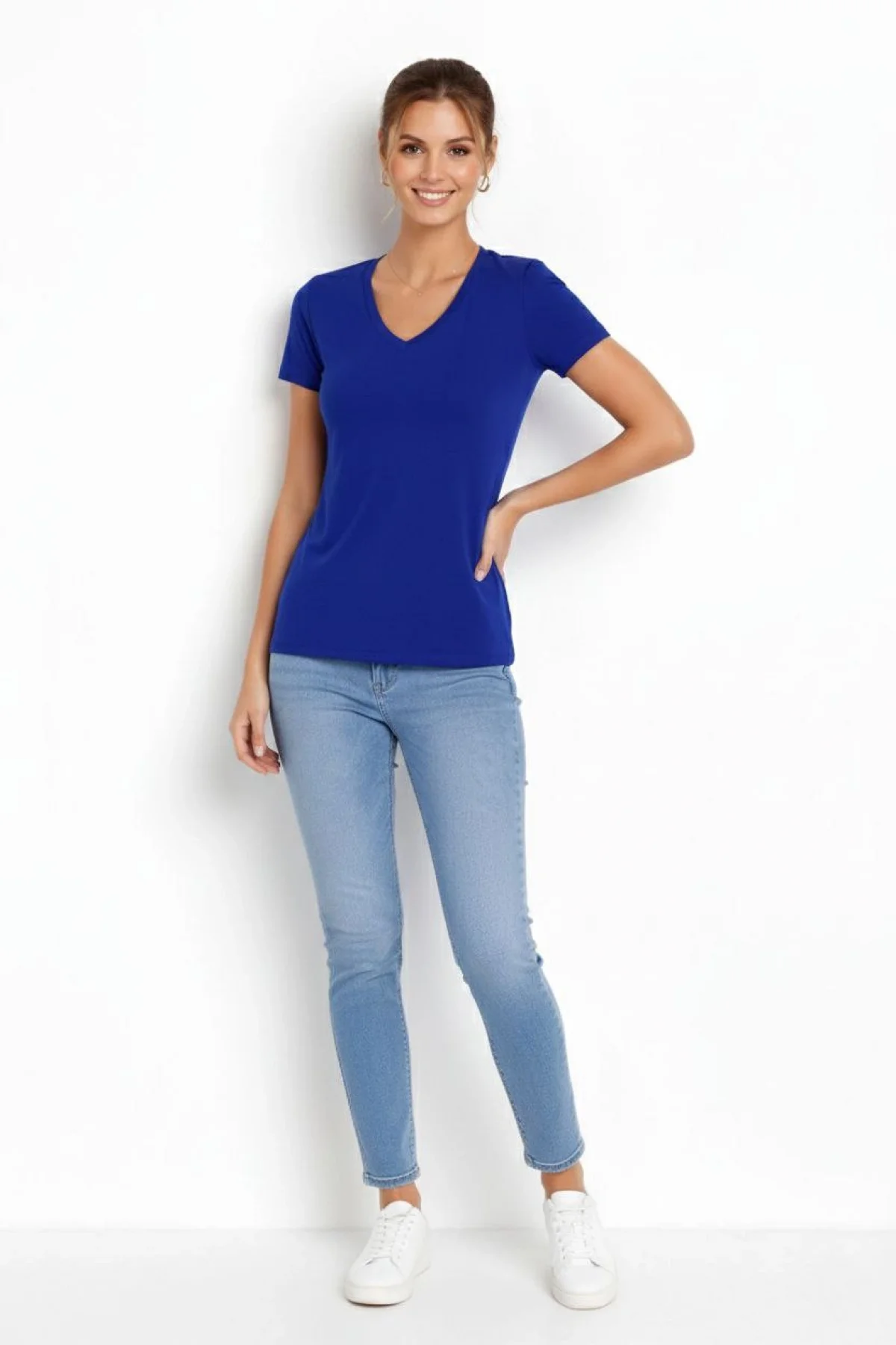 Kadın 3lü V Yaka Tişört – Kısa Kollu Yazlık Slim Fit Body - Pembe, Saks Mavi, Ekru