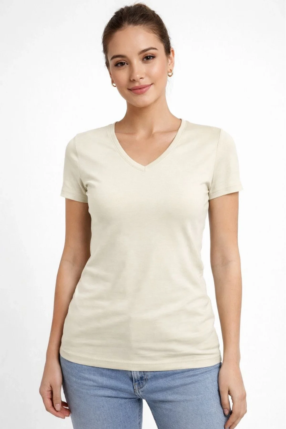 Kadın 3lü V Yaka Tişört – Kısa Kollu Yazlık Slim Fit Body - Pembe, Saks Mavi, Ekru