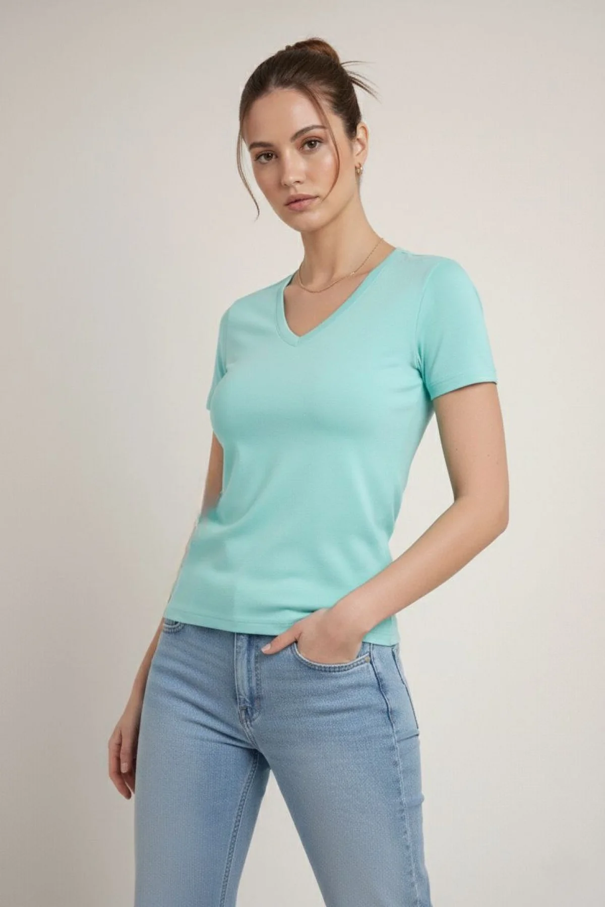 Kadın 3lü V Yaka Tişört – Kısa Kollu Yazlık Slim Fit Body - Toz Pembe, Sarı, Turkuvaz