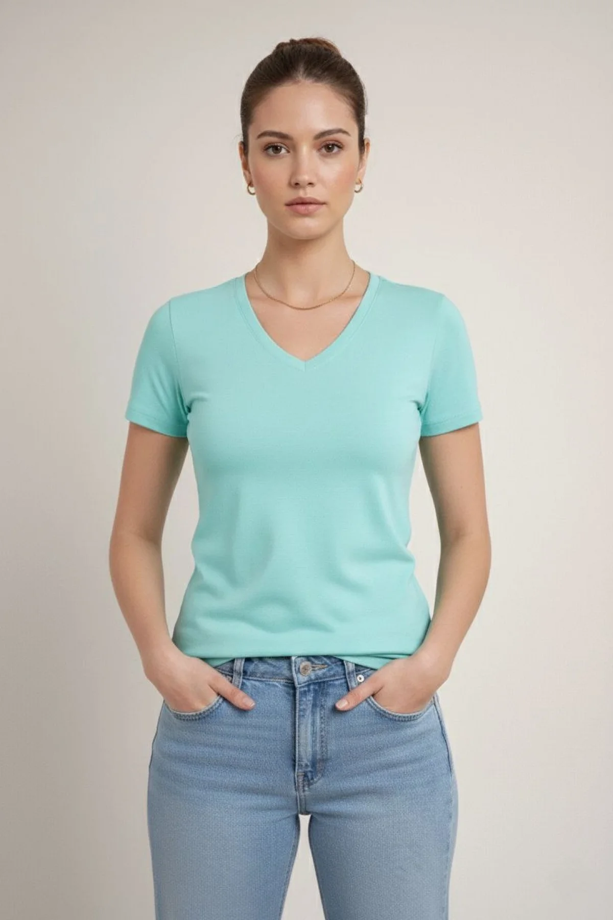 Kadın 3lü V Yaka Tişört – Kısa Kollu Yazlık Slim Fit Body - Toz Pembe, Sarı, Turkuvaz