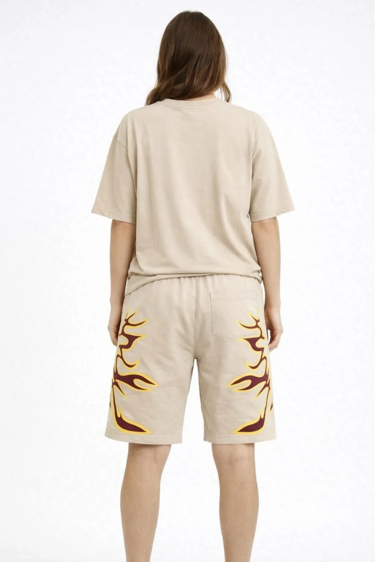 Kadın Bej Oversize Baskılı Tişört Şort Takım Cepli Şort Yazlık Rahat Günlük Kombin - Bej