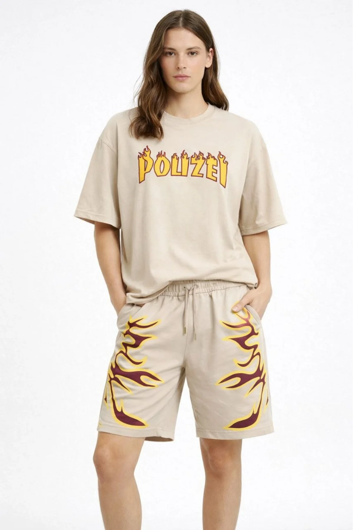 Kadın Bej Oversize Baskılı Tişört Şort Takım Cepli Şort Yazlık Rahat Günlük Kombin - Bej