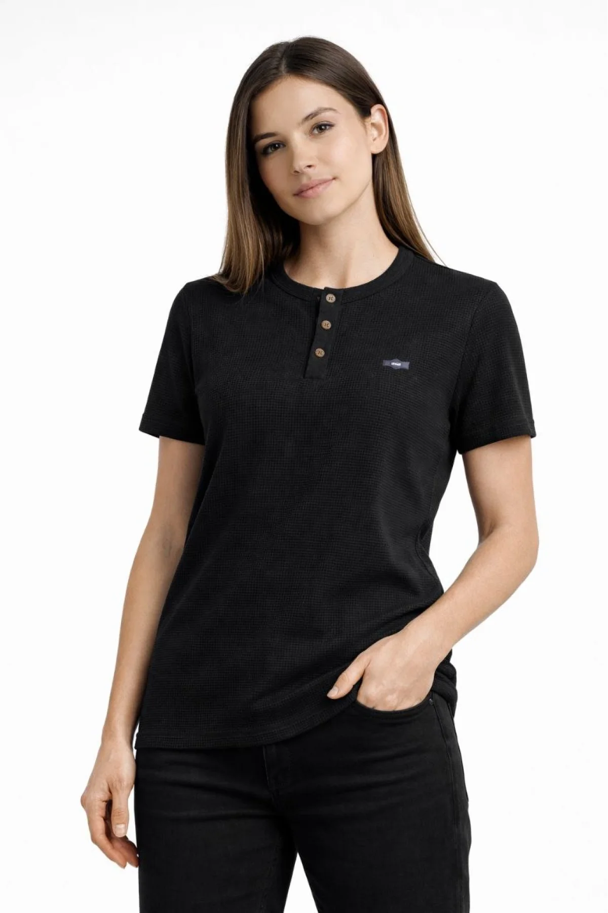 Kadın Waffle Dokulu Likralı Henley Yaka Düğmeli Regular Kısa Kollu T-Shirt - Siyah