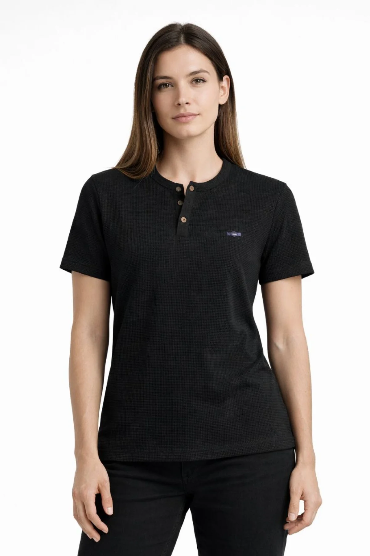 Kadın Waffle Dokulu Likralı Henley Yaka Düğmeli Regular Kısa Kollu T-Shirt - Siyah